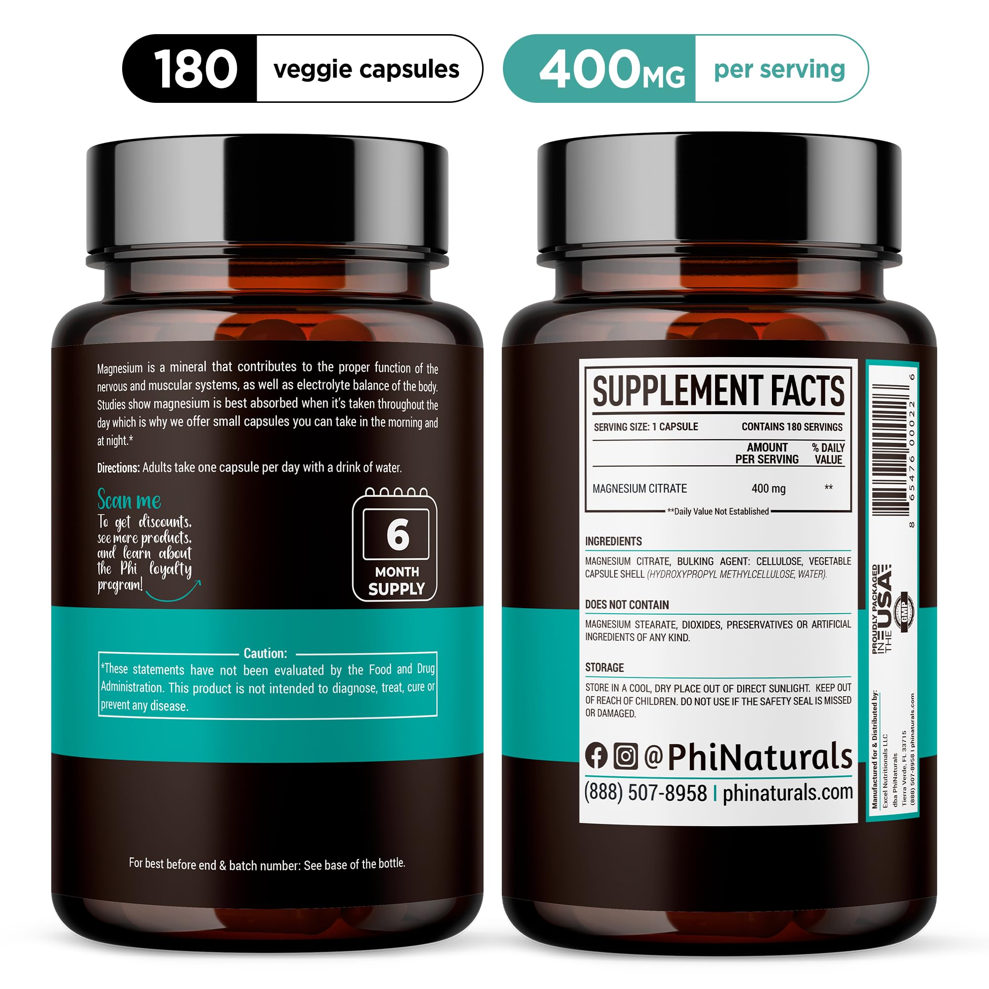 PhiNaturals capsules véganes magnesium citrate — capsules faciles à avaler