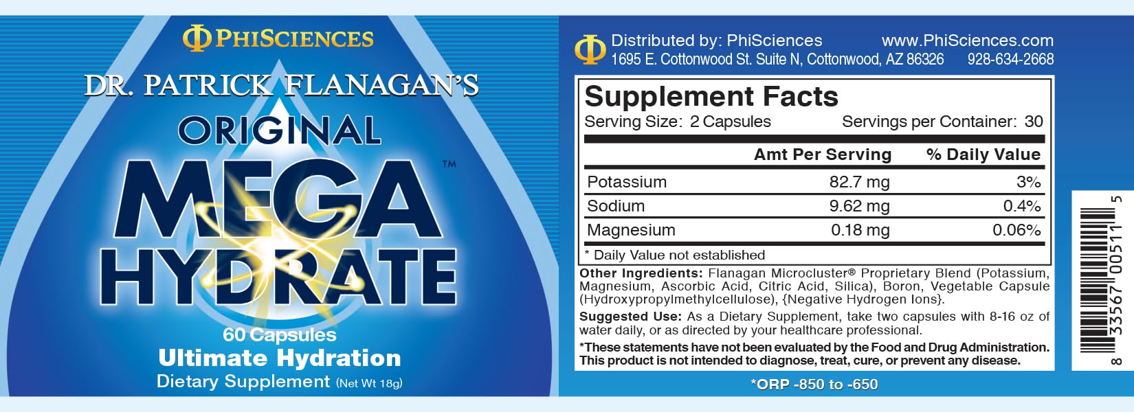 Phi Sciences MegaHydrate, emballage: solution pratique pour une supplémentation régulière.