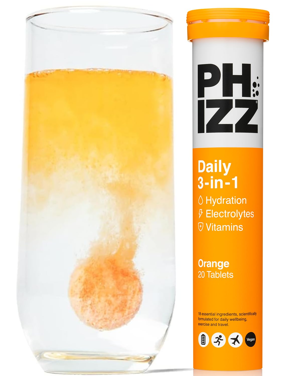 Phizz tablettes effervescentes orange pour une hydratation rapide après l'effort.