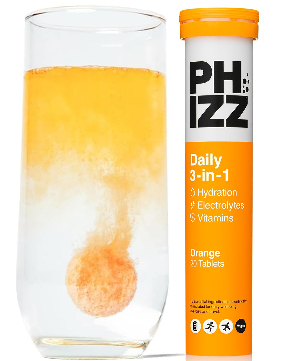 Phizz tablettes effervescentes orange pour une hydratation rapide après l'effort.