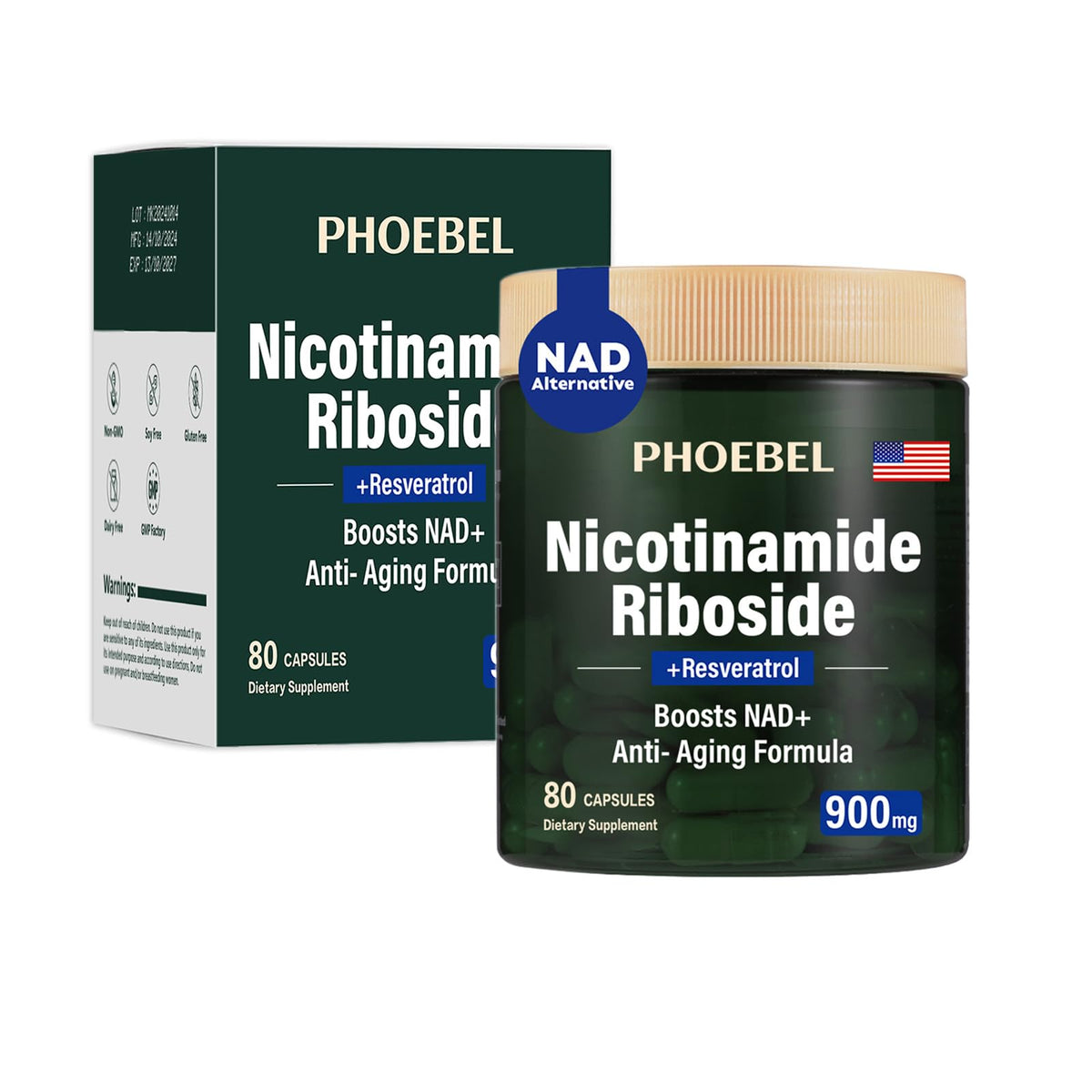 Phoebel NAD+ supplément – bouteille élégante favorisant une énergie potentielle durable.