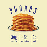 Phoros Nutrition crêpes protéine empilées, texture moelleuse et présentation appétissante.