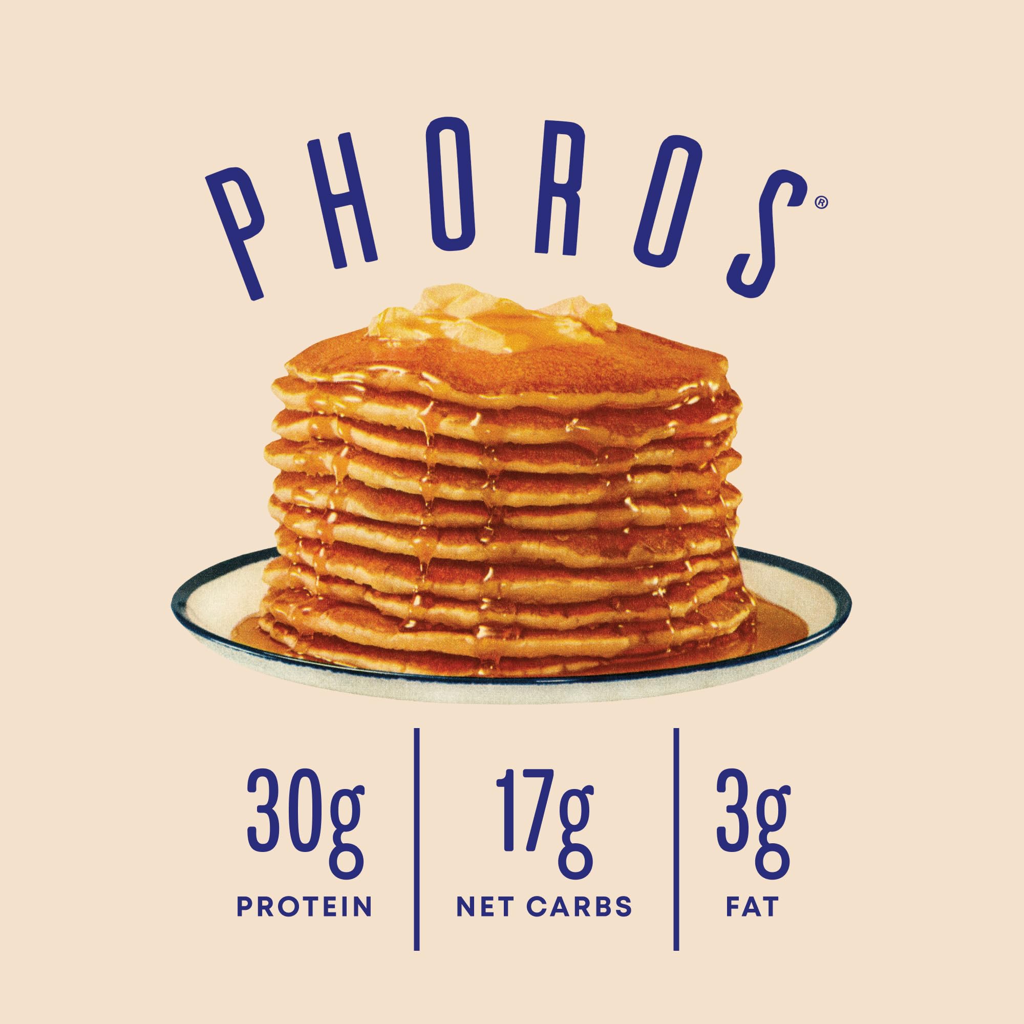 Pile de crêpes Phoros Nutrition dorées et moelleuses, parfaites au petit-déjeuner.