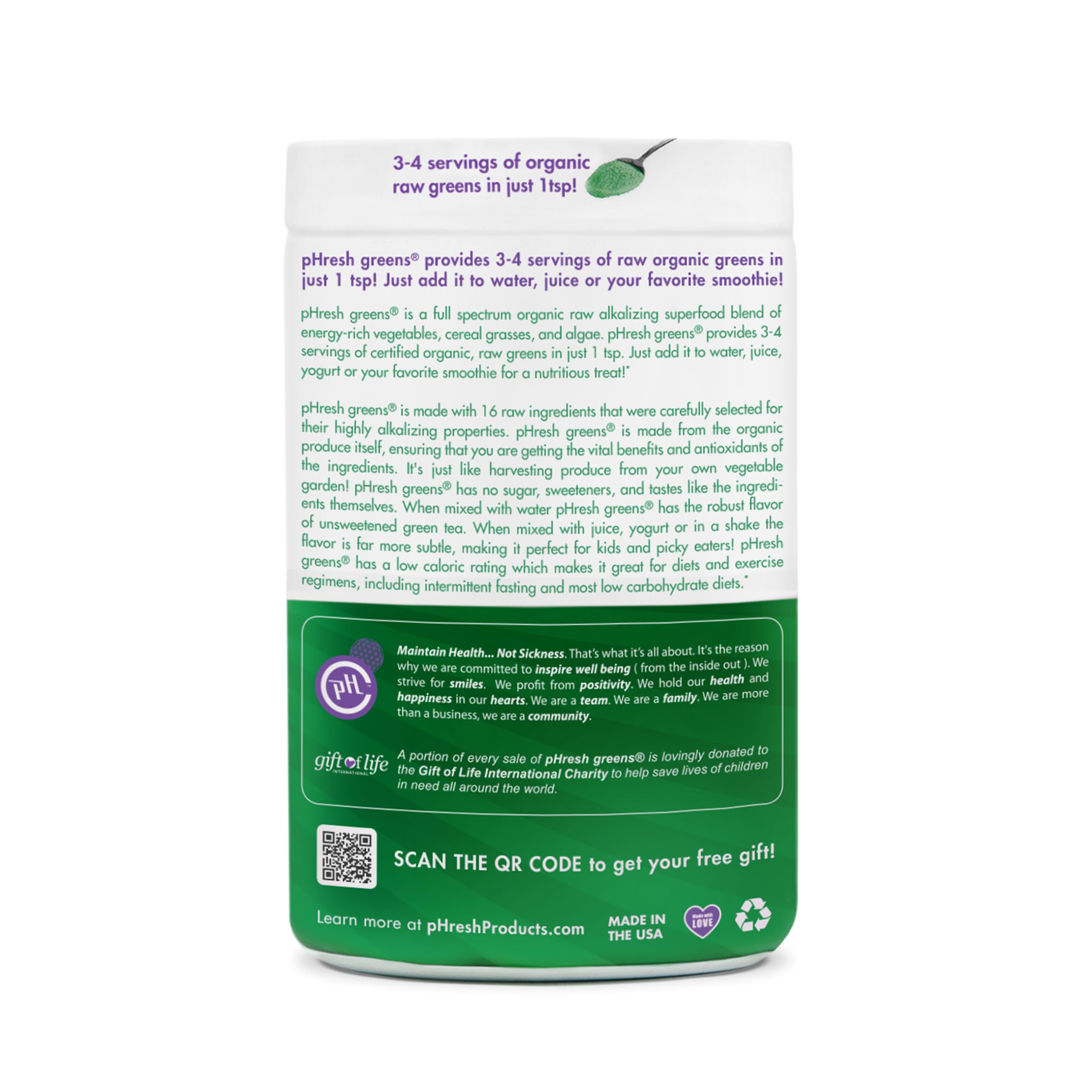 pHresh Greens — doseur pratique pour mesurer facilement une portion.