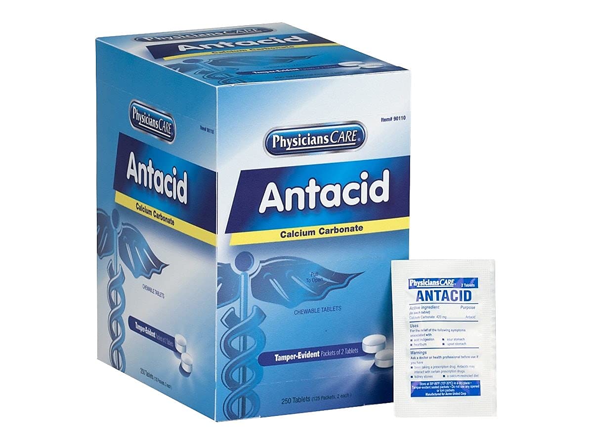 Physicians Care Antacid, tablettes visibles, dosage simple pour les repas.