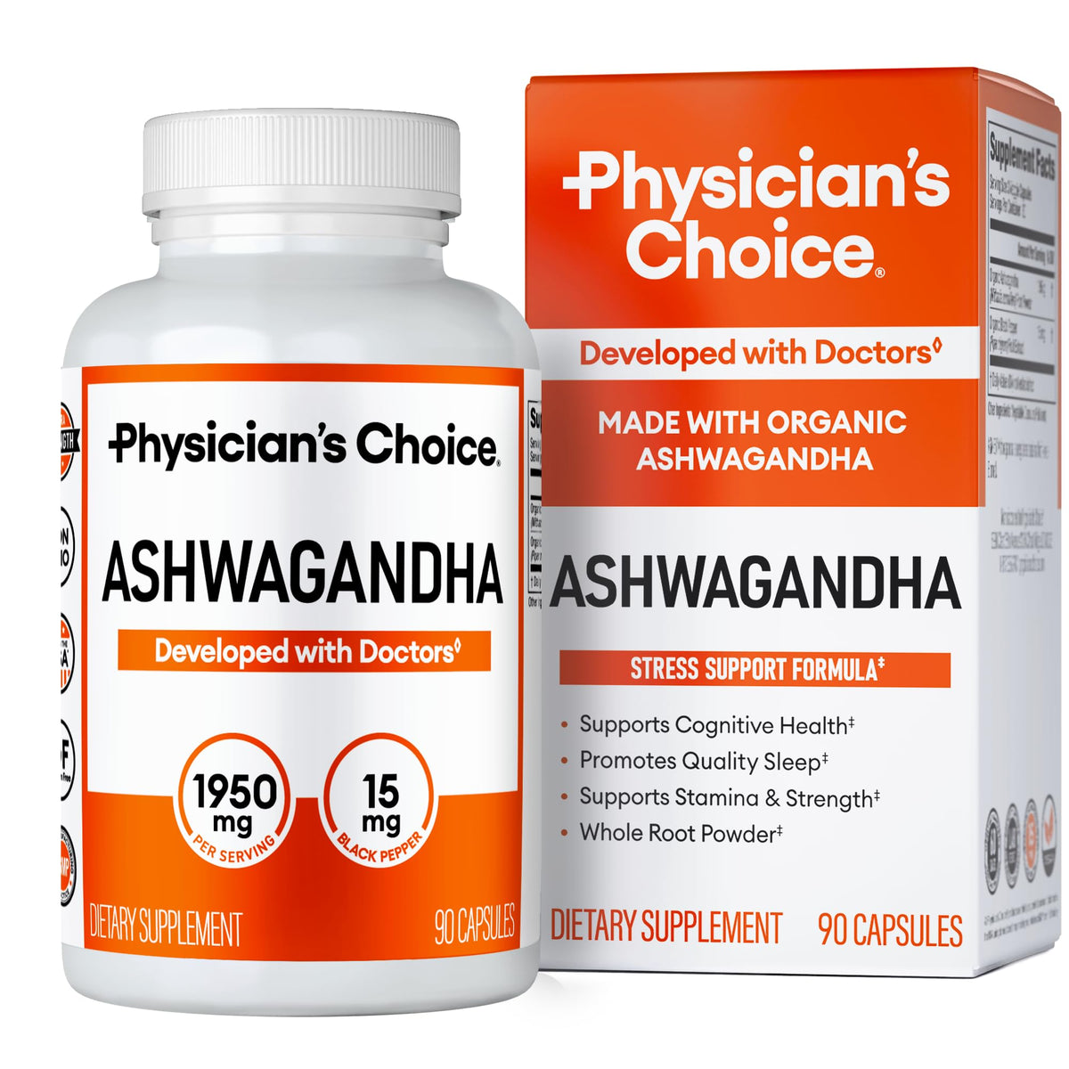 Ashwagandha en poudre biologique Physician's CHOICE, soutien naturel à l'énergie et au bien-être.