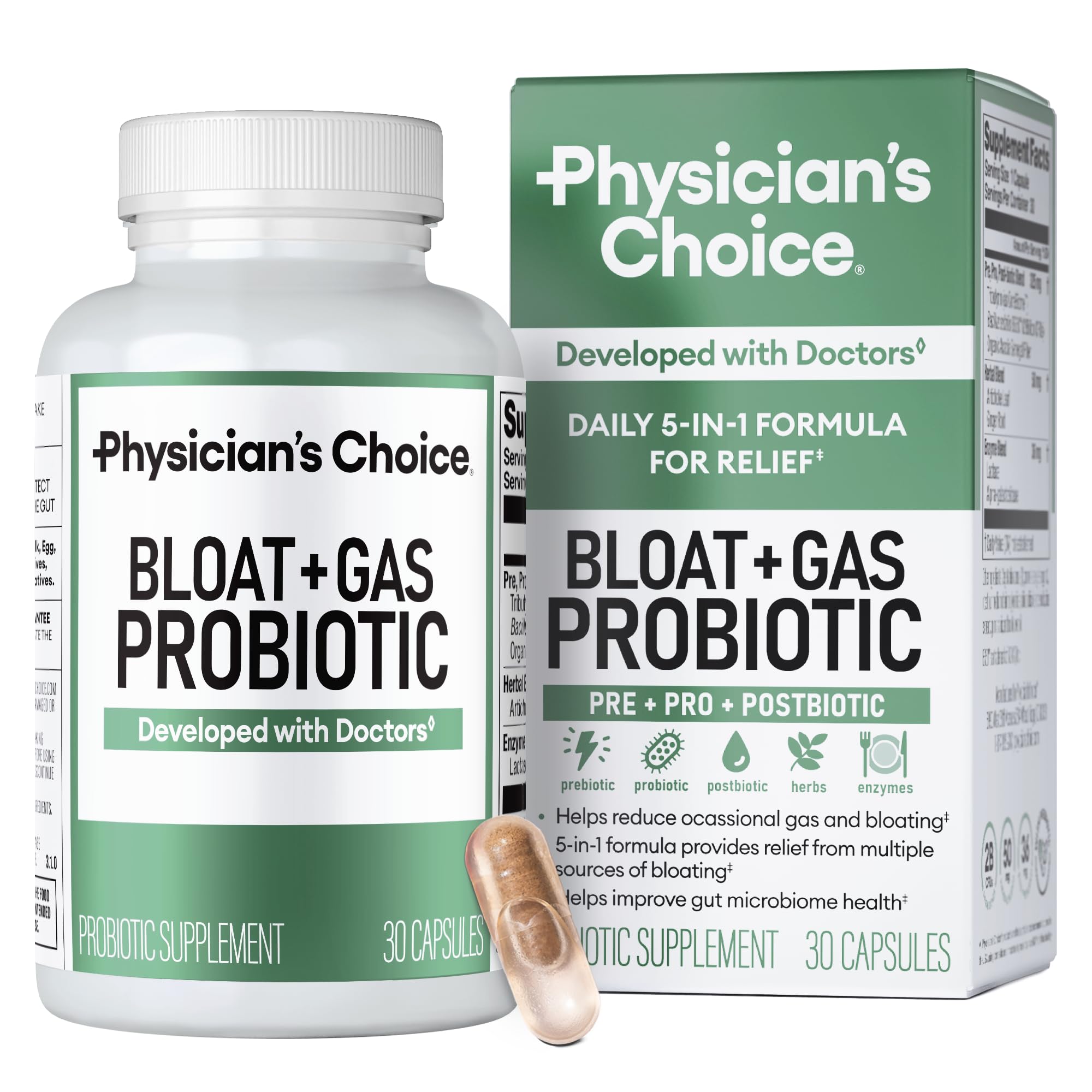 Physician's CHOICE Bloat & Gas Probiotic – bouteille prête à l'emploi pour le confort digestif.