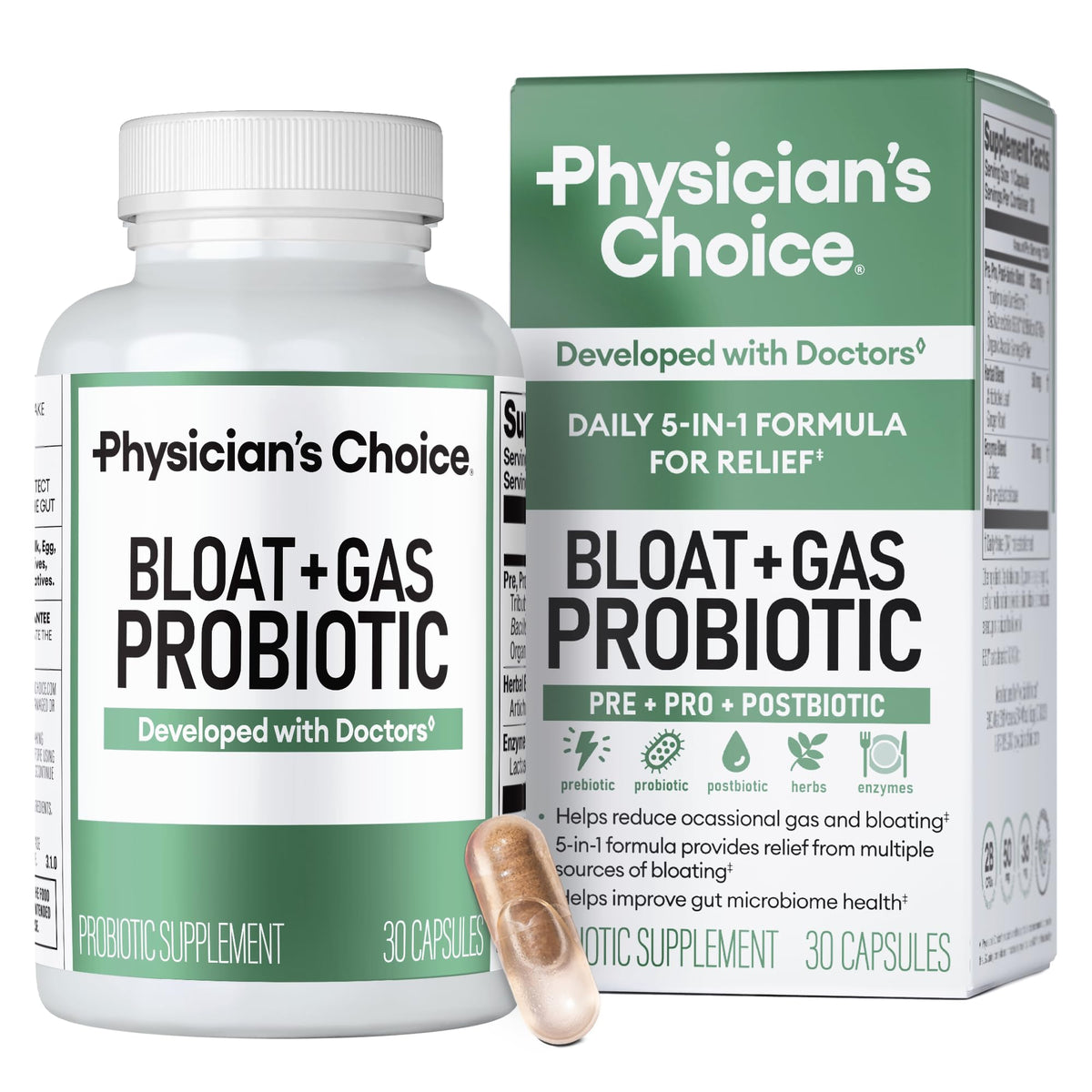 Physician's CHOICE Bloat & Gas Probiotic – bouteille prête à l'emploi pour le confort digestif.