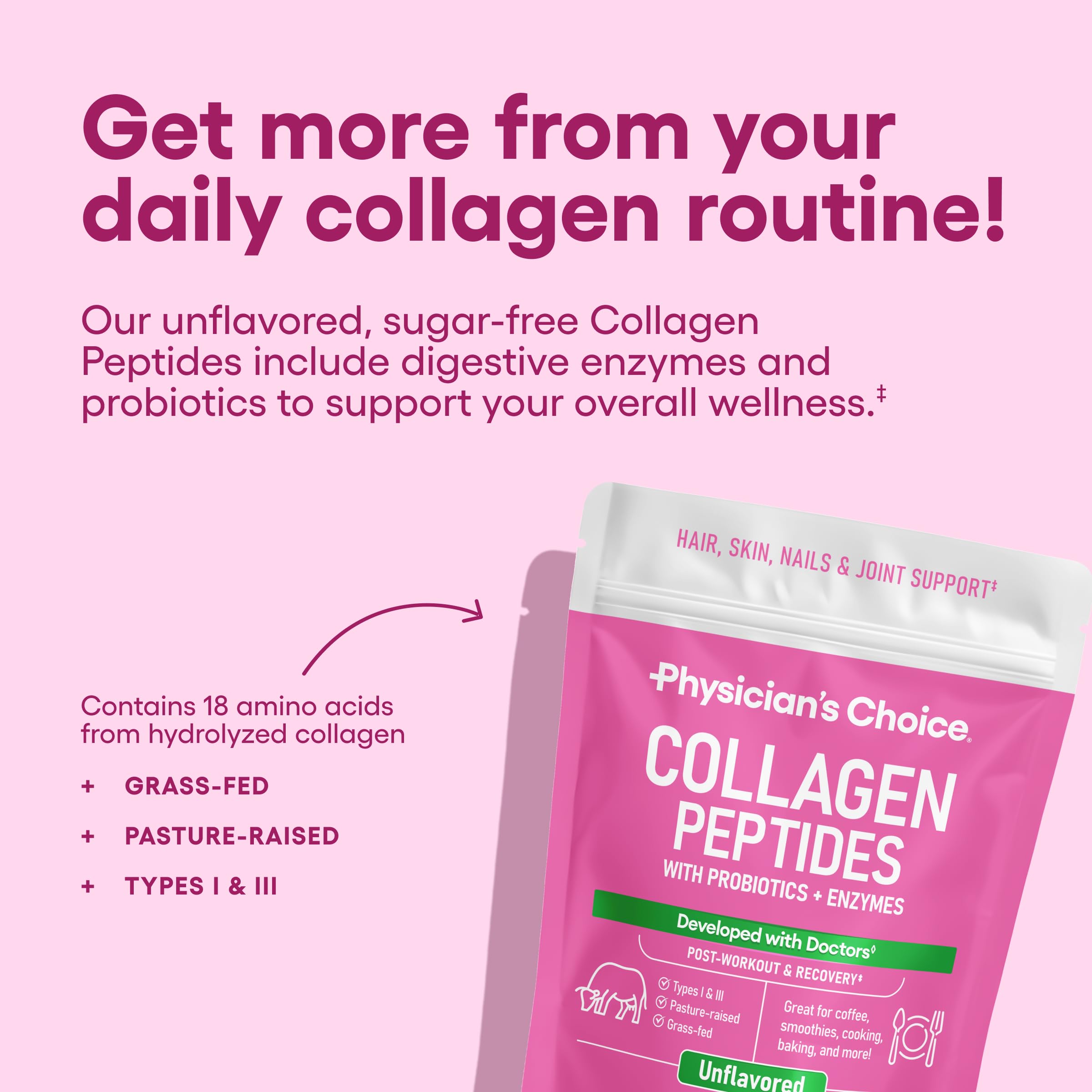 Physician's CHOICE Collagen Peptides, enzymes digestives incluses pour meilleure assimilation.