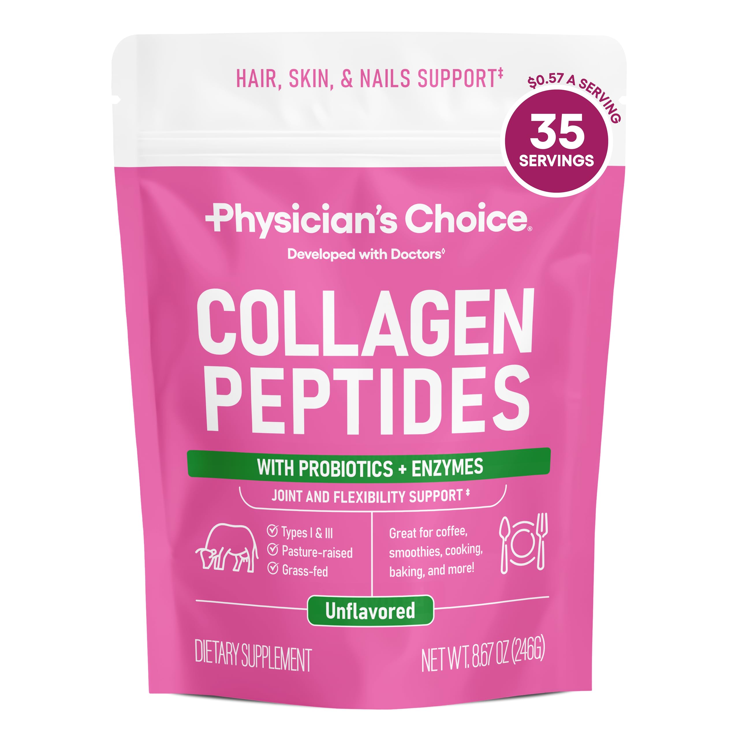 Physician's CHOICE Collagen Peptides, poudre hydrolysée facilitant l’absorption.