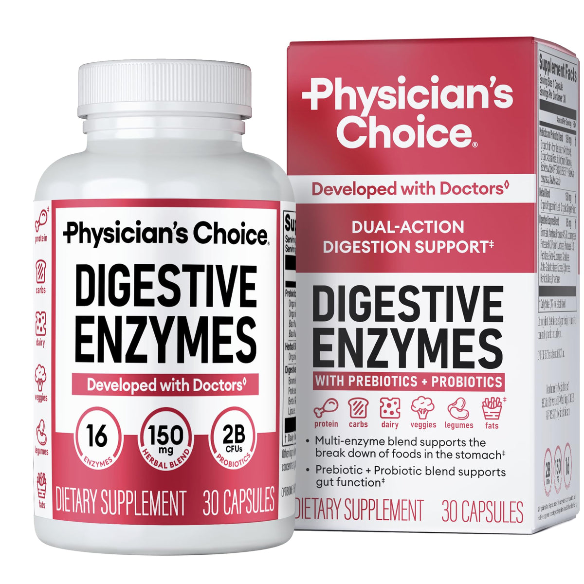 Physician's CHOICE Digestive Enzymes – bouteille affichant l'emballage, soutien après repas.