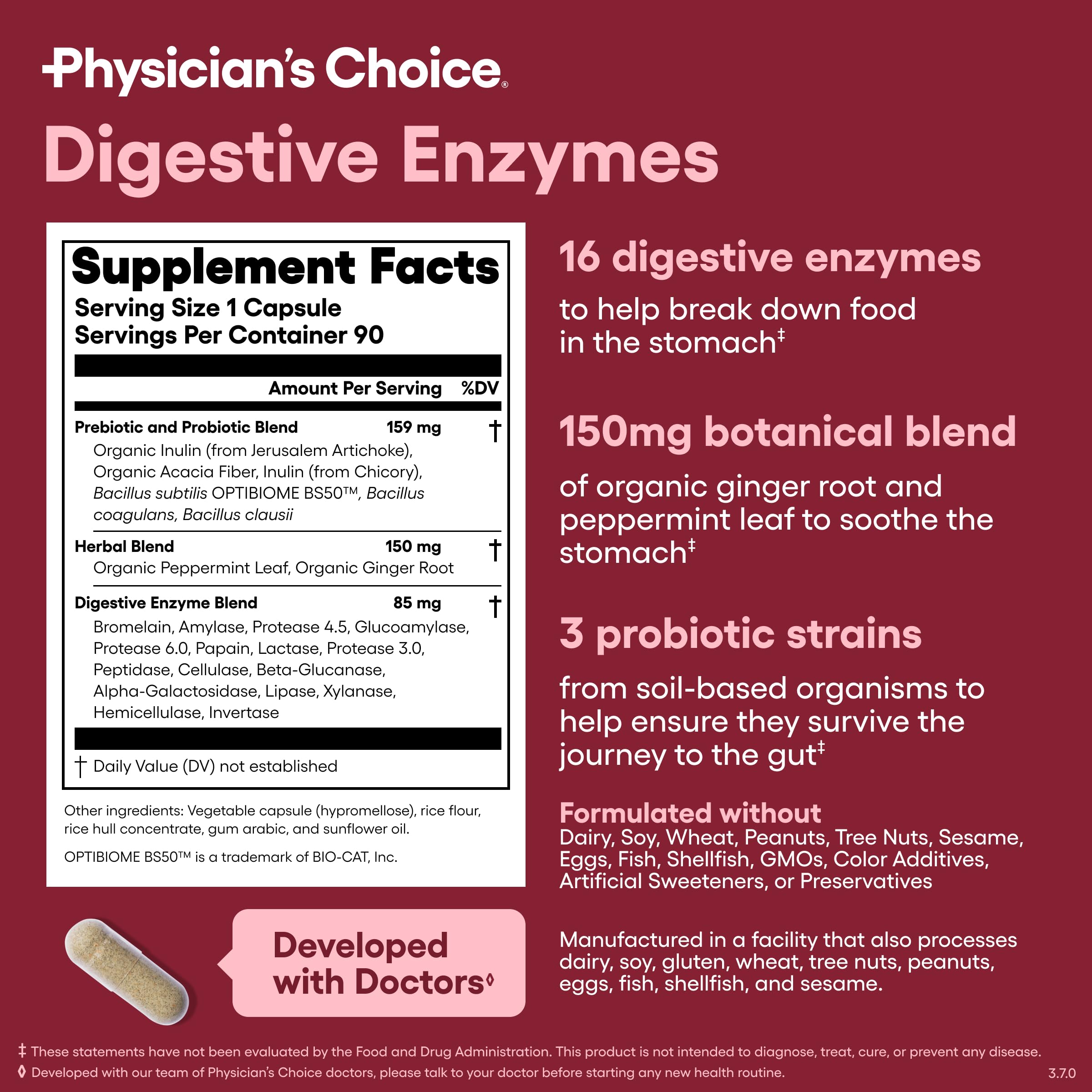 Physician's CHOICE Digestive Enzymes – utilisation quotidienne et fabrication aux États-Unis avec contrôle qualité.