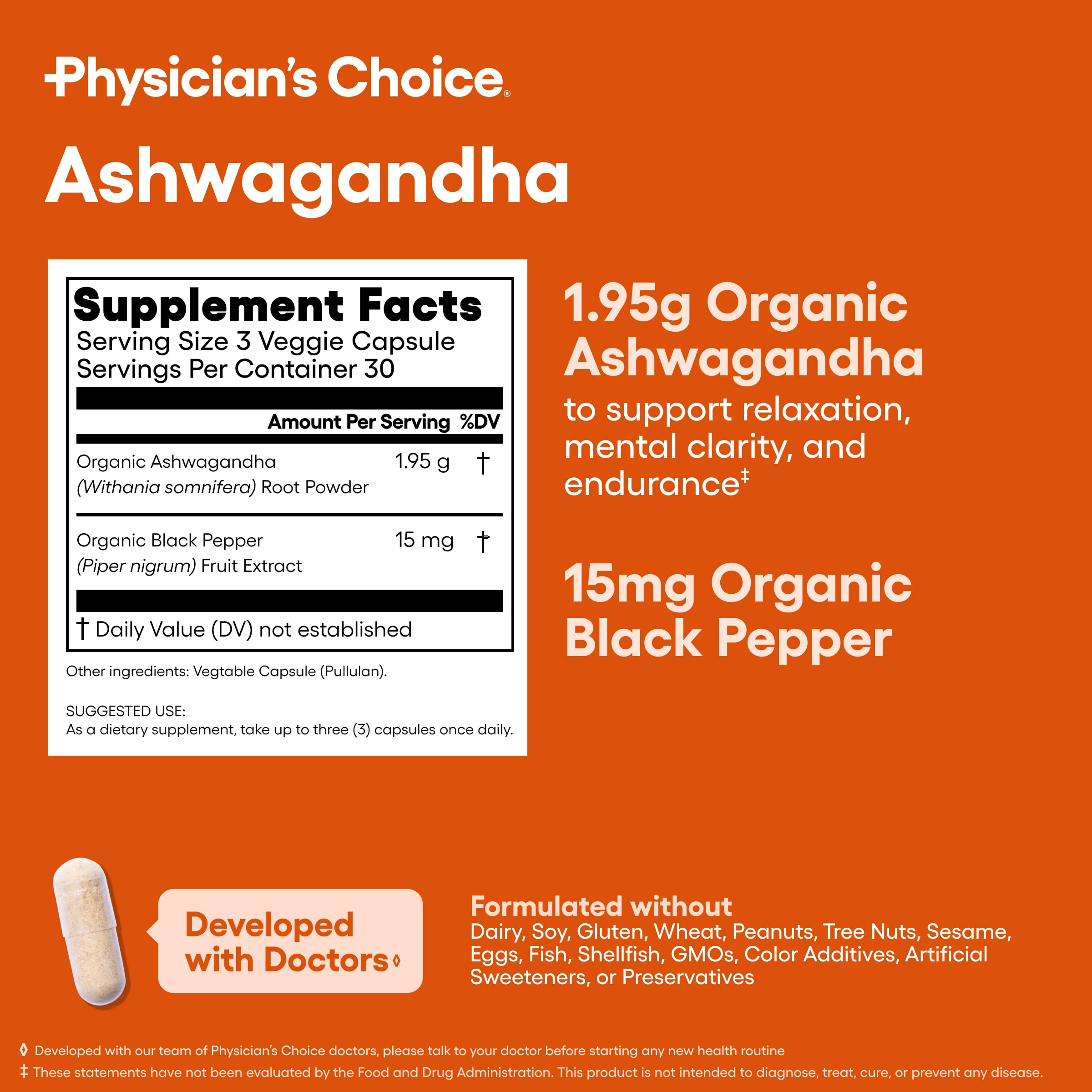 Emballage clair et étiquetage informatif de Physician's CHOICE Ashwagandha.