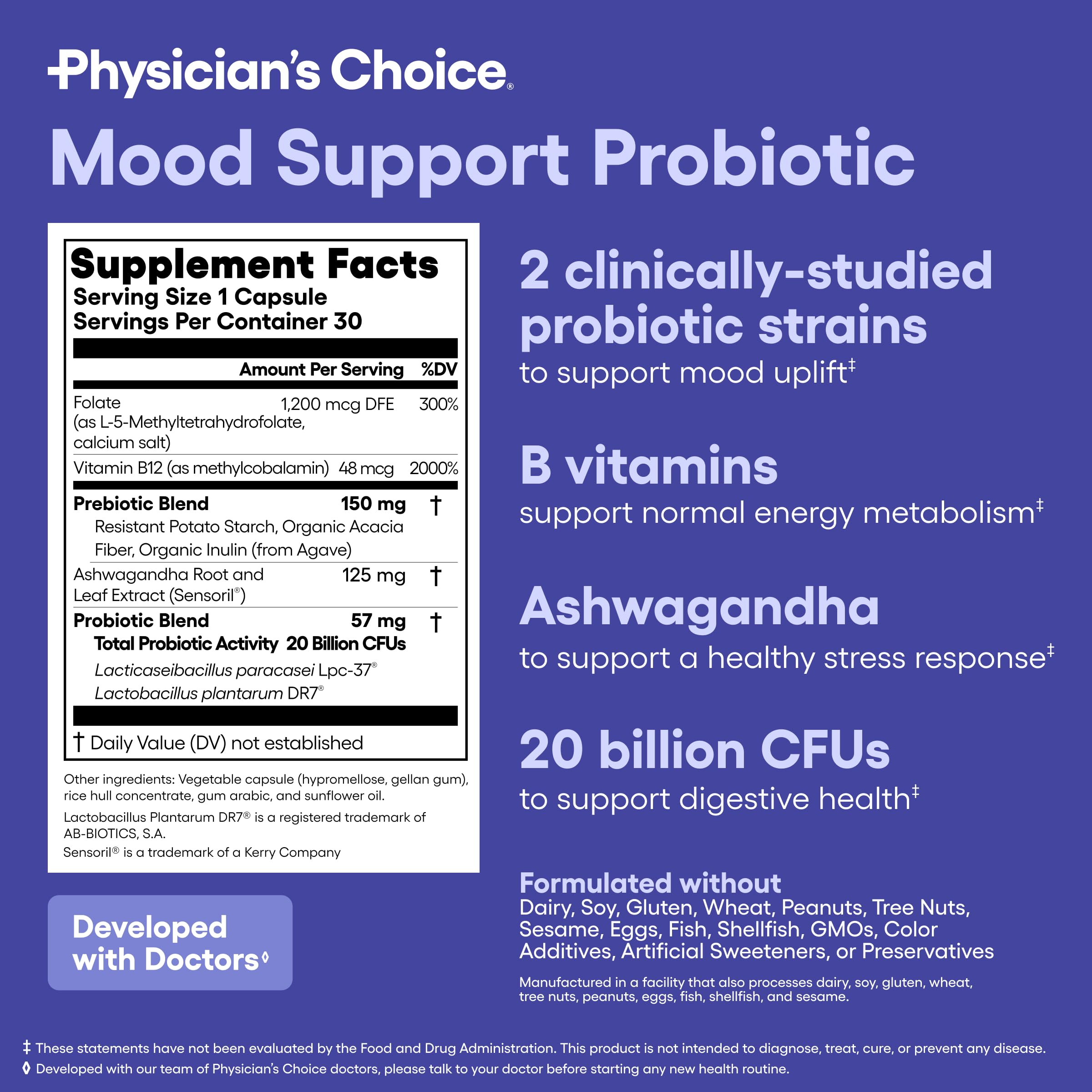Mood Probiotic Physician's Choice – étiquette qualité et laboratoire certifié sans OGM.