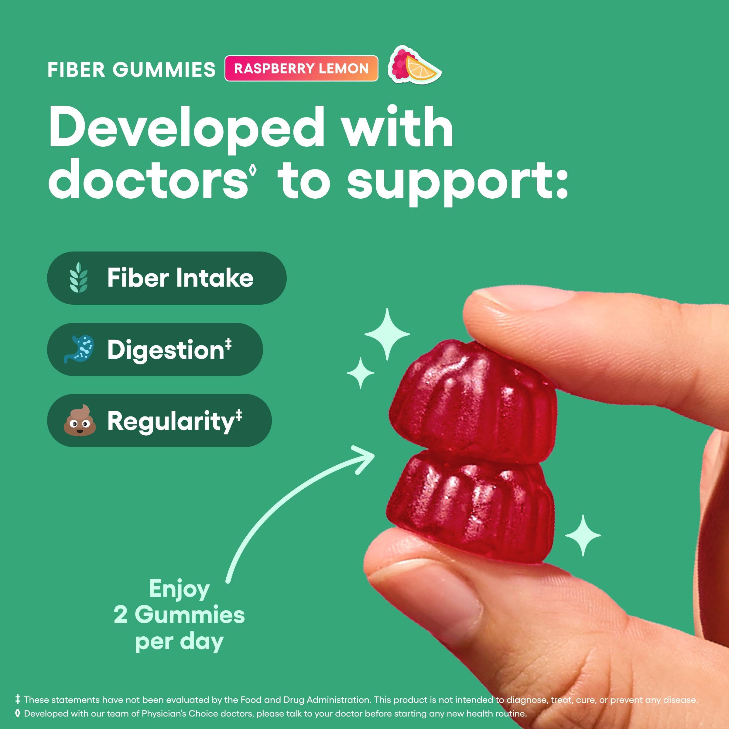 Physician’s CHOICE Fibres Gummies goût framboise citron, arôme fruité rafraîchissant.
