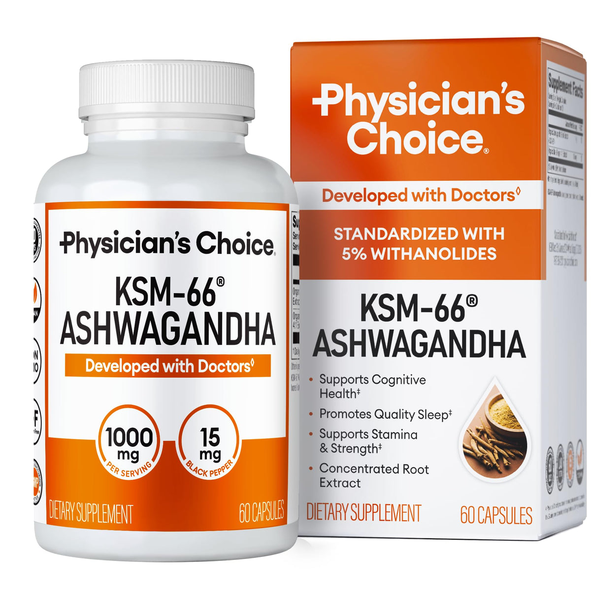 Physician's CHOICE KSM-66 Ashwagandha, bouteille visible, soutien potentiel au calme.