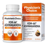 Physician's CHOICE KSM-66 Ashwagandha, bouteille visible, soutien potentiel au calme.