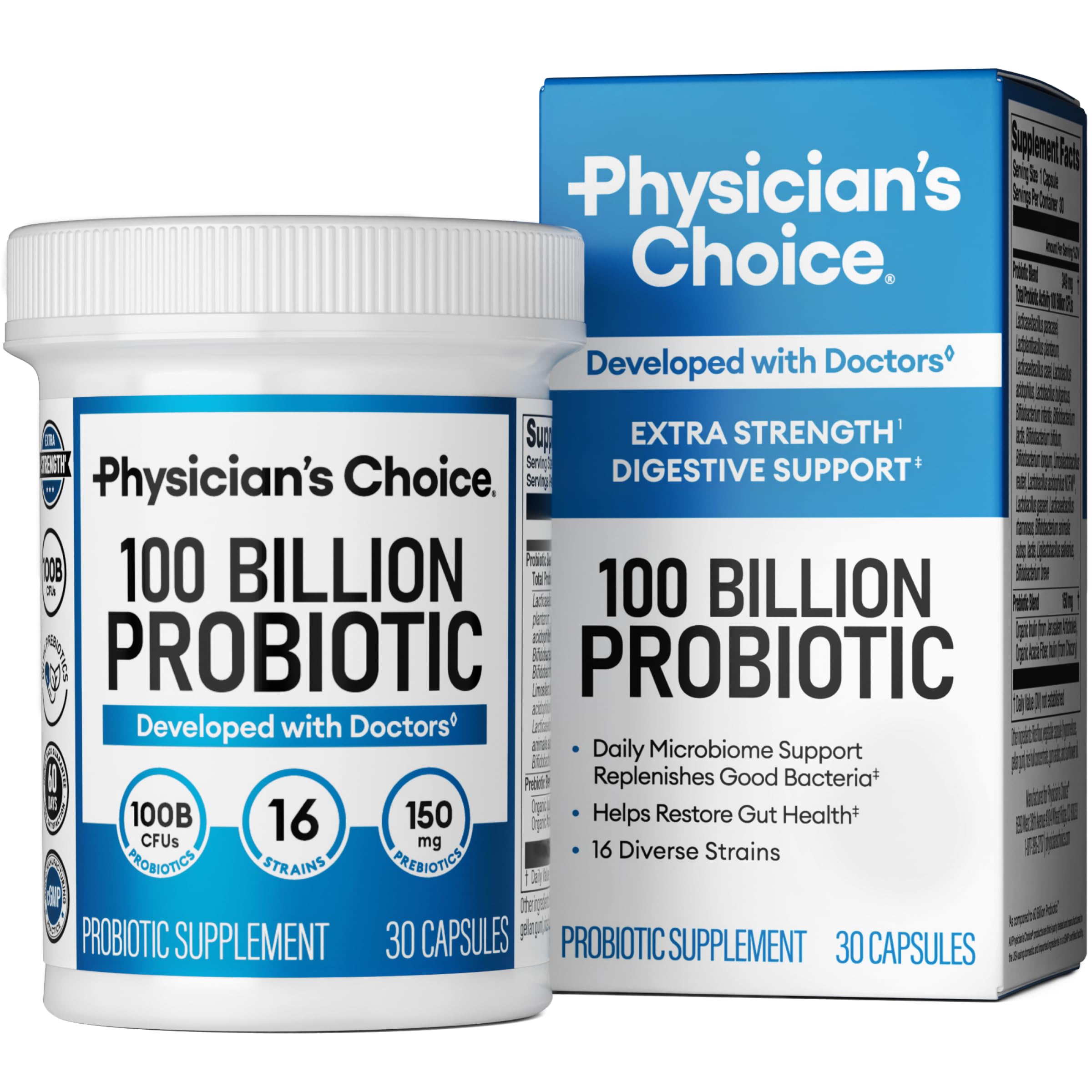 Physician's CHOICE Probiotique 100 milliards, bouteille favorisant le confort digestif potentiel quotidien.