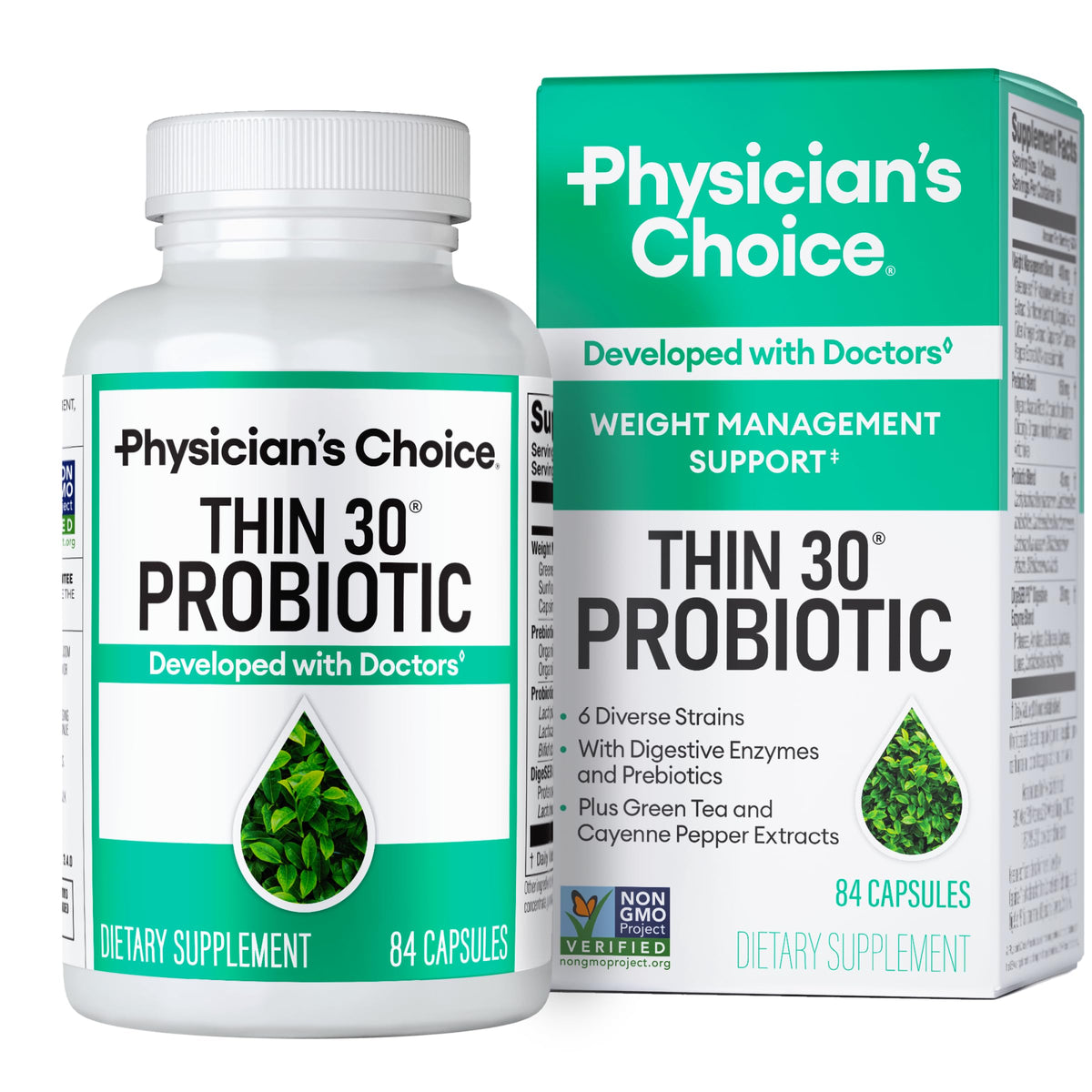 Physician's CHOICE Probiotiques: bouteille capsimax thé vert, soutien potentiel à la gestion du poids.