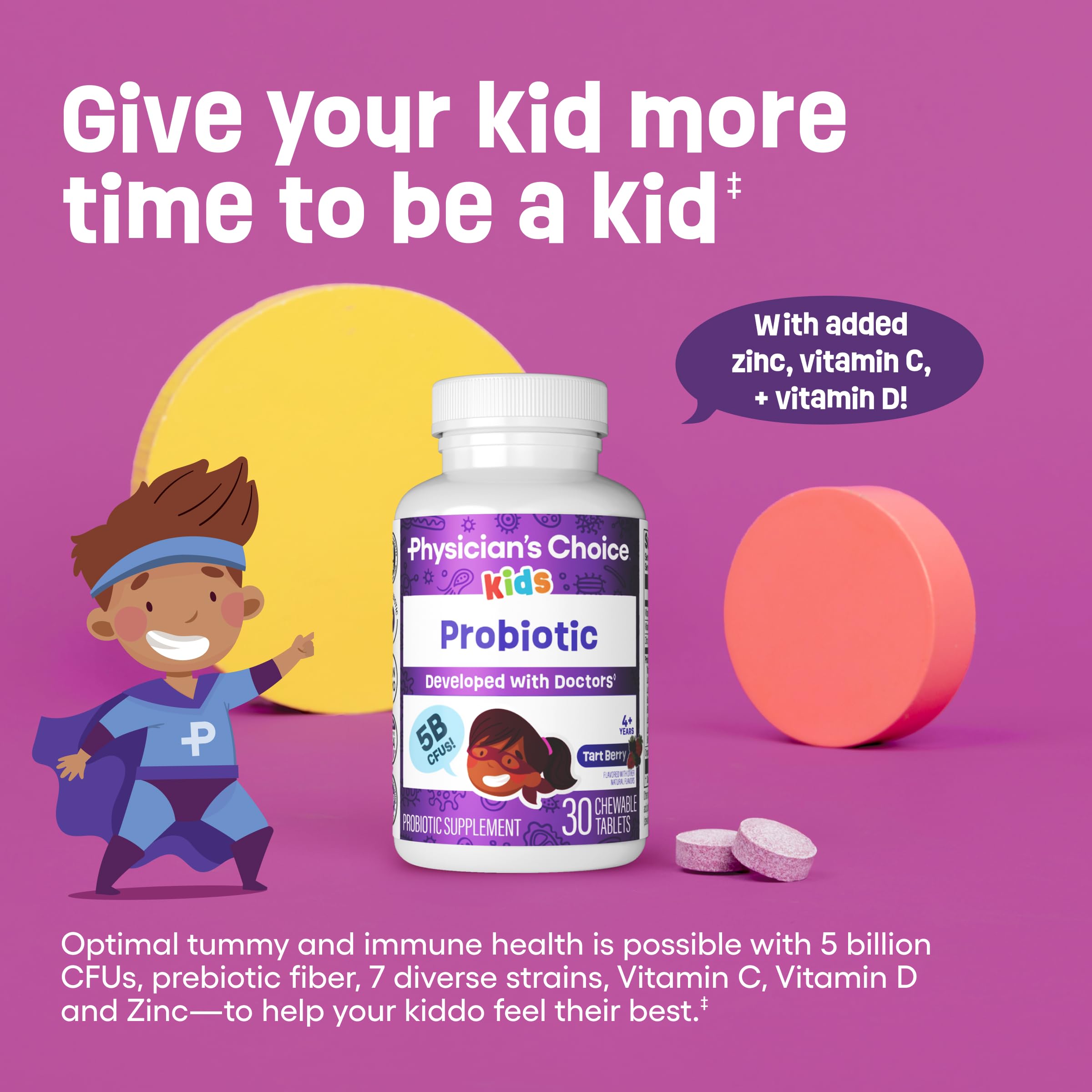 Physician's CHOICE Probiotiques Enfants – Zinc, vitamine C et D3 pour le soutien immunitaire.