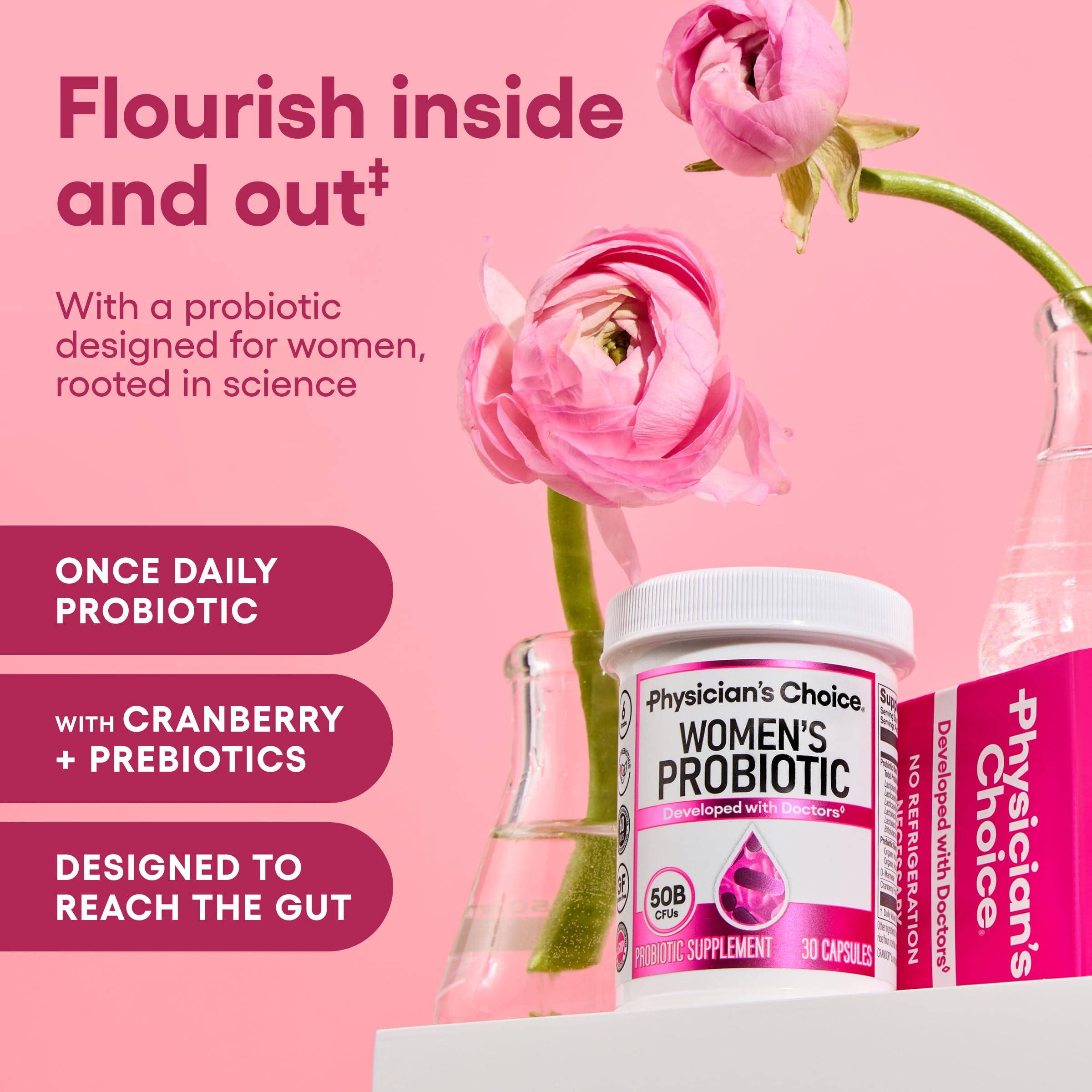 Physician's CHOICE Probiotiques pour Femmes: capsules résistantes à l'acide, meilleure survie intestinale.