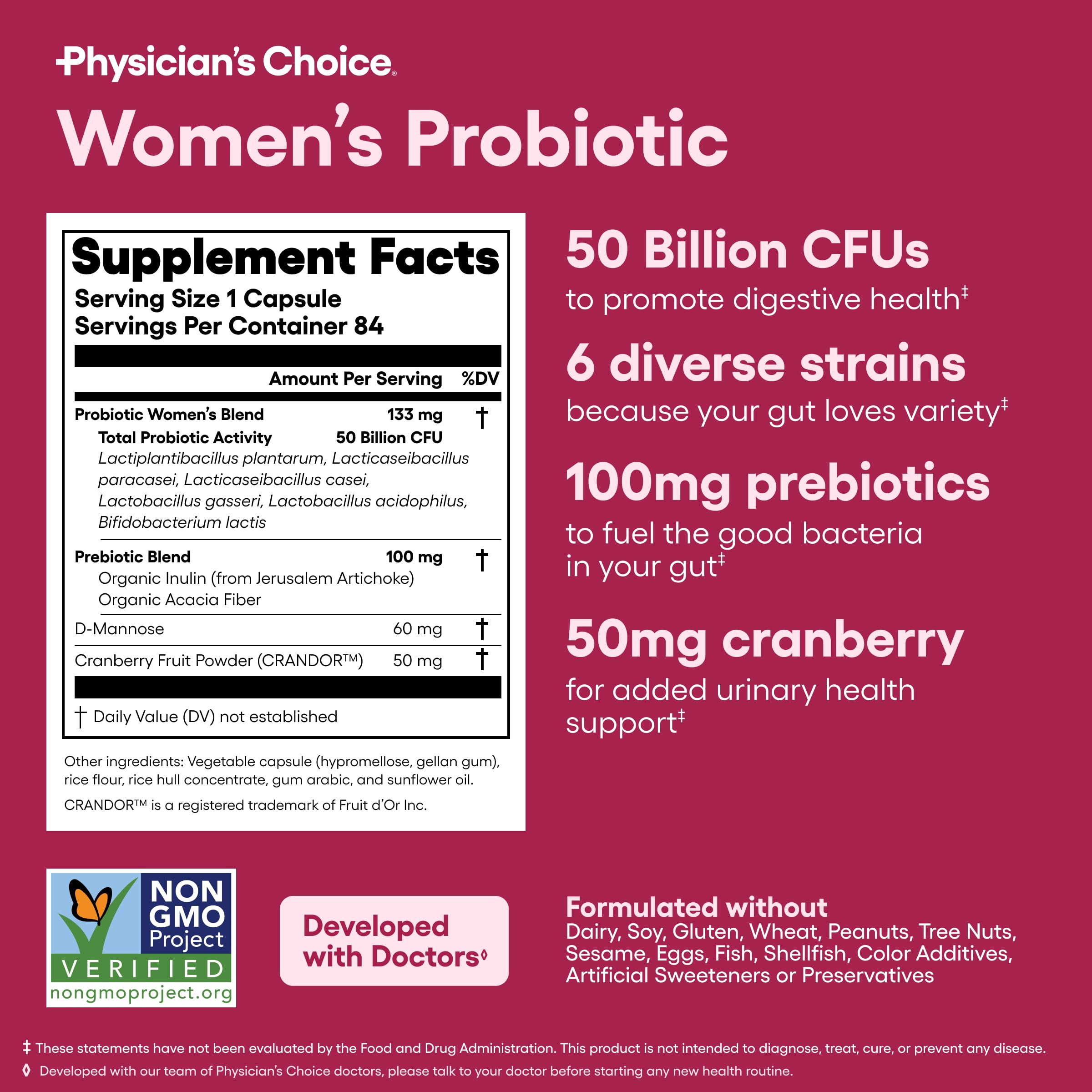 Physician's CHOICE Probiotiques pour Femmes: emballage sûr et contrôle qualité USA.
