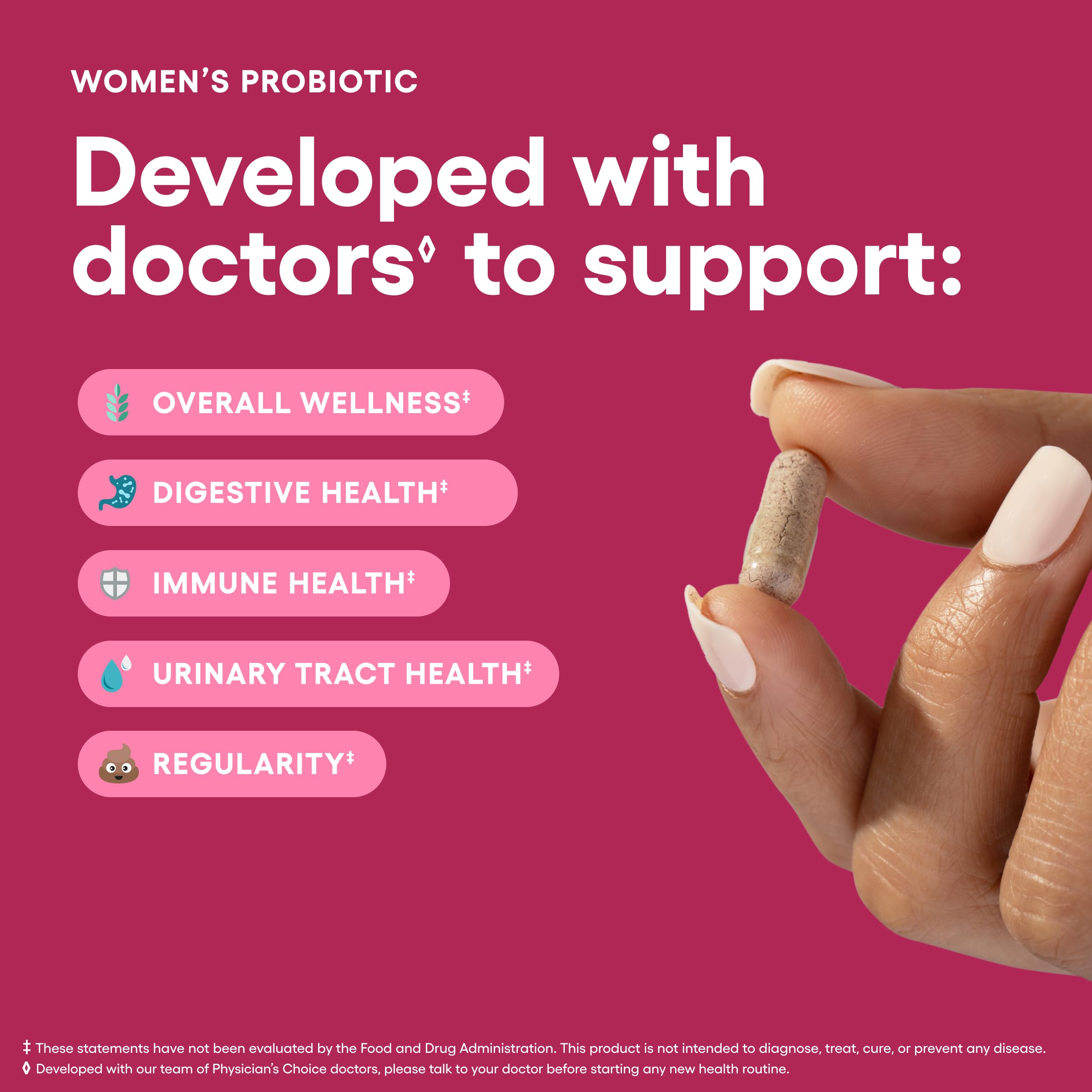 Physician's CHOICE Probiotiques pour Femmes: présence de D‑Mannose, soutien potentiel des voies urinaires.