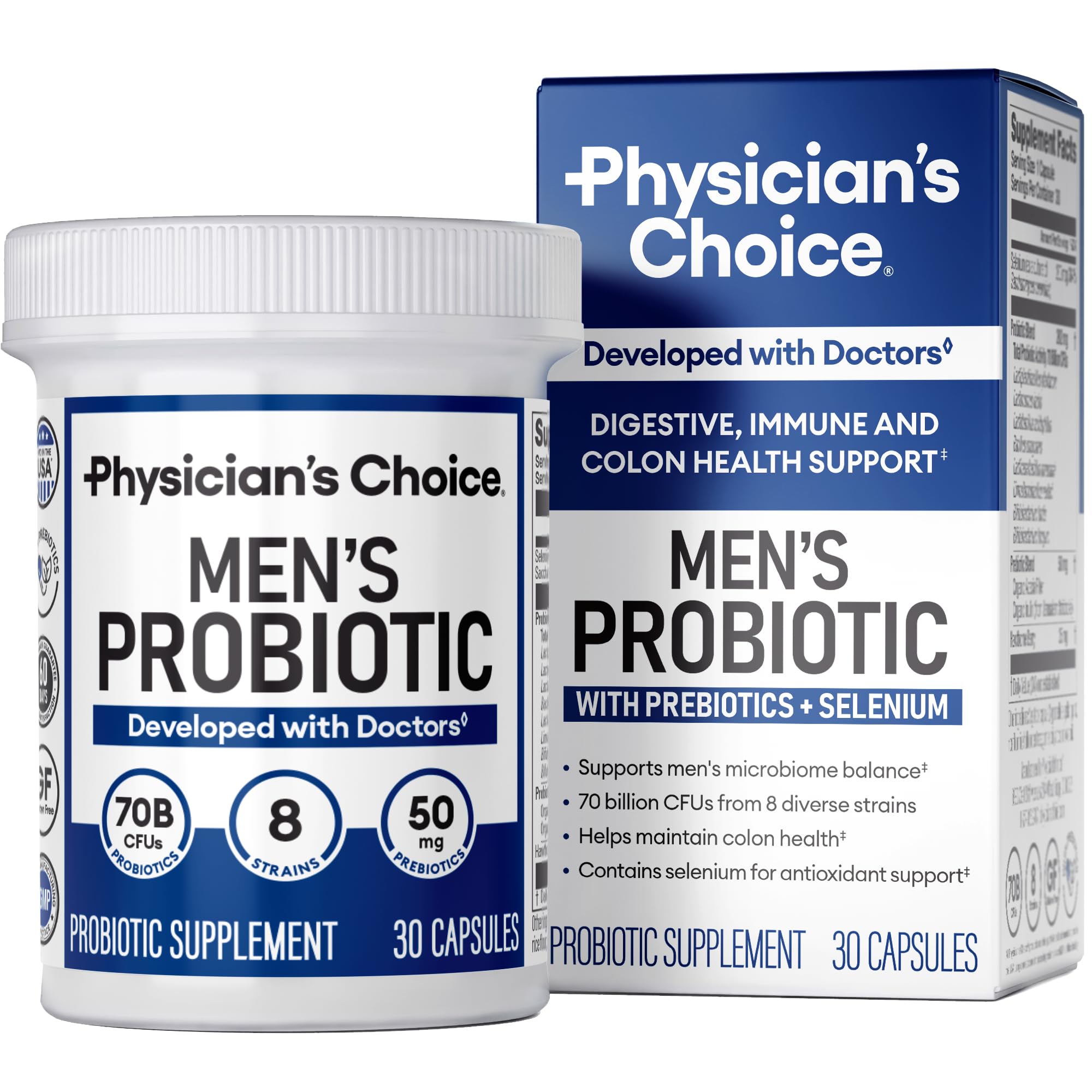 Physician's Choice Probiotiques pour Hommes – bouteille affichant 70 milliards CFU pour la digestion.