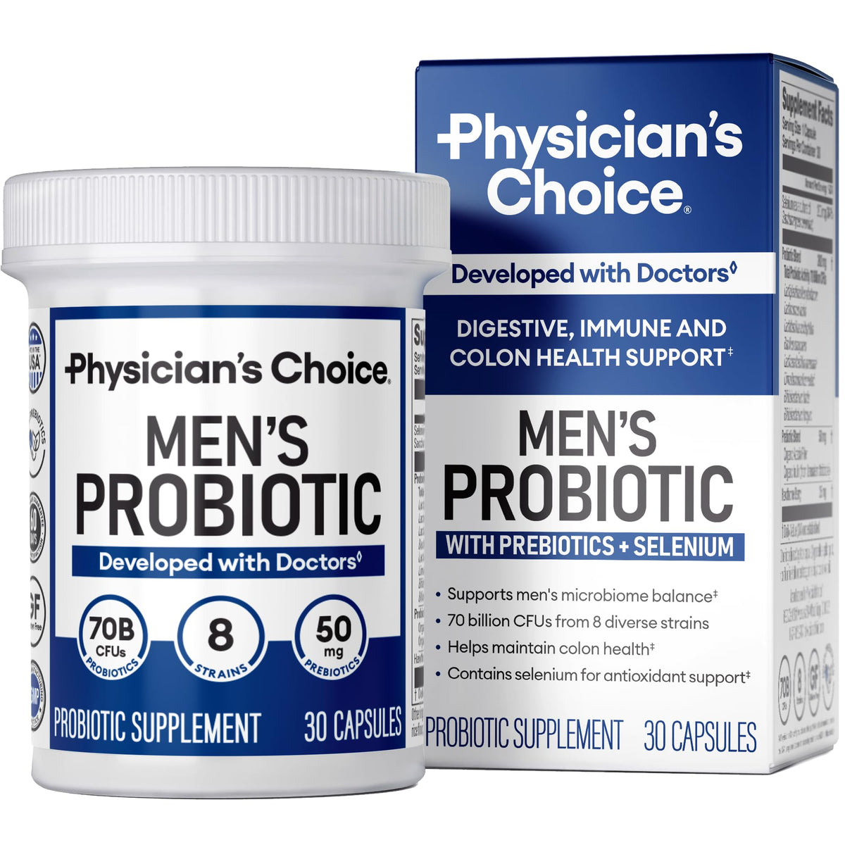 Physician's Choice Probiotiques pour Hommes – bouteille affichant 70 milliards CFU pour la digestion.
