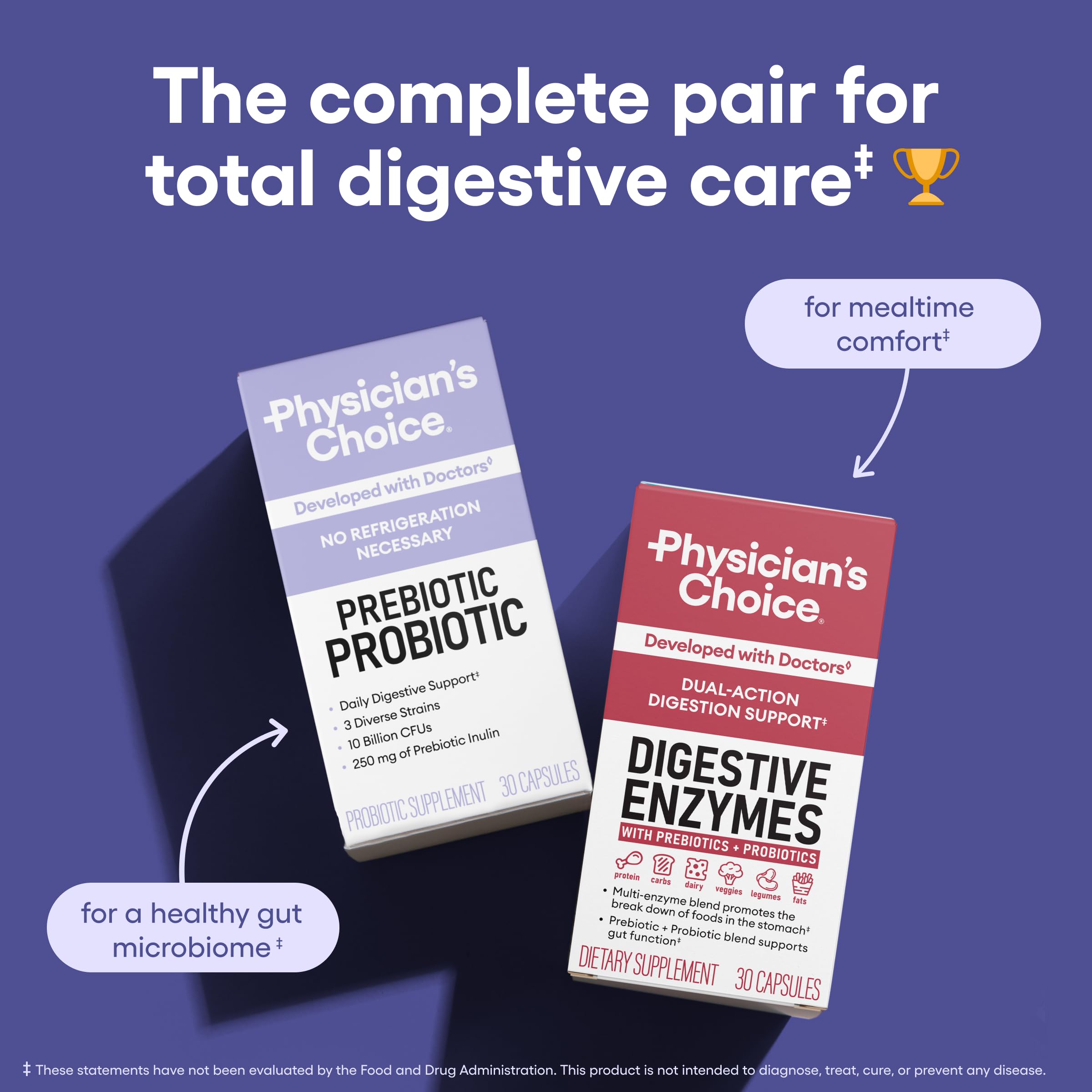 Physician's CHOICE Probiotiques et Prébiotiques — trio de souches pour un soutien potentiel.