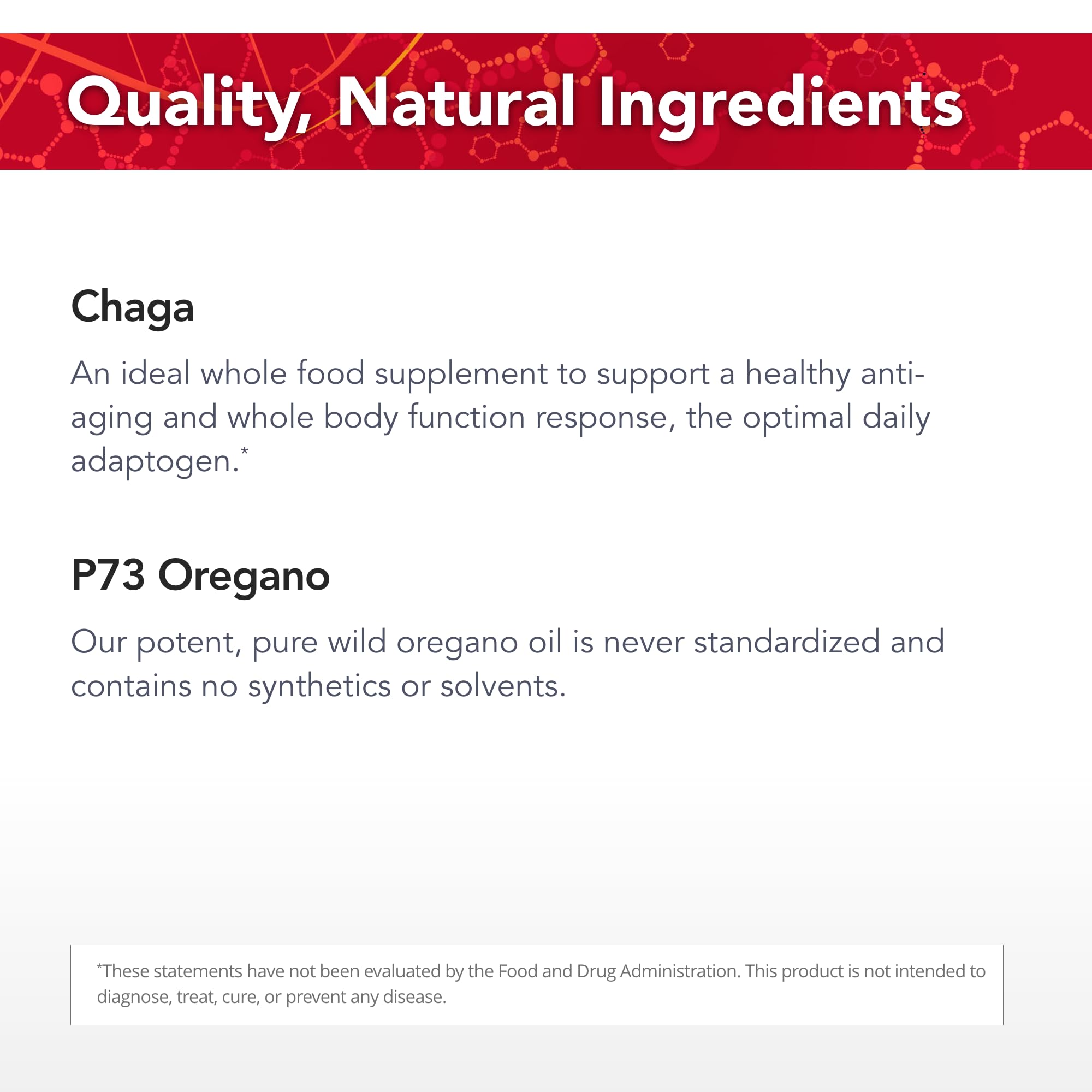 Physician's Strength Chag-Immune: ingrédients clés, chaga sauvage, origan sauvage et cannelle.