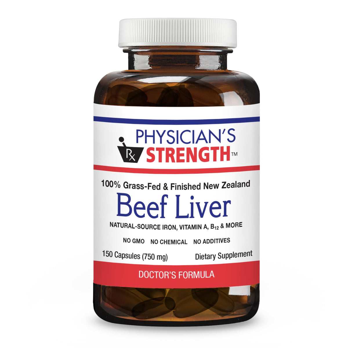 Physician's Strength foie-boeuf capsules visibles sur emballage, potentiel soutien energie.