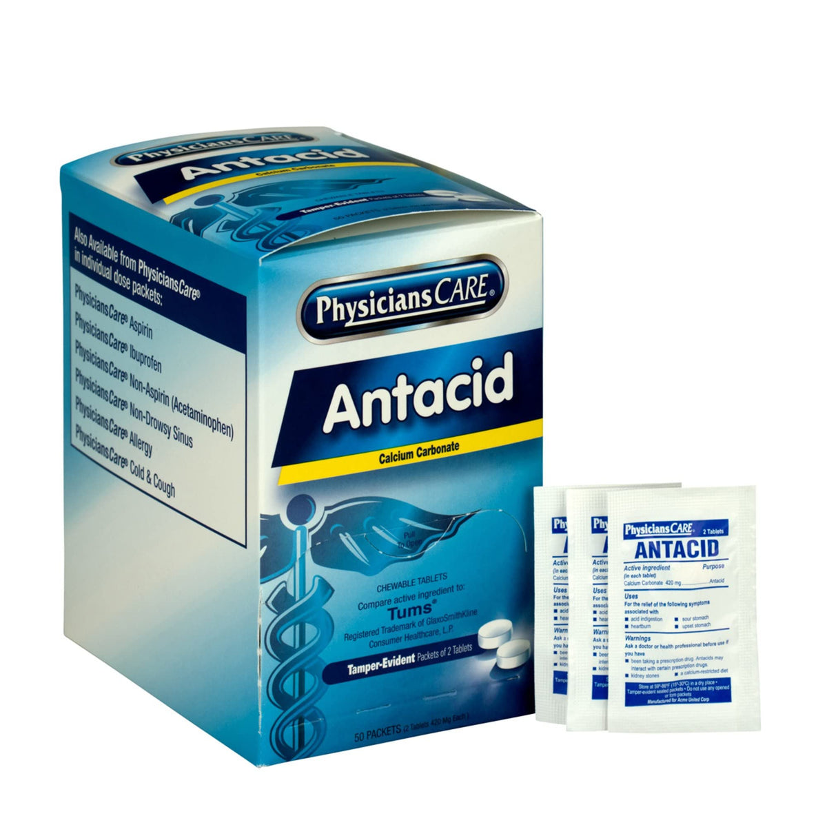 Boîte PhysiciansCare Antiacide, 50 sachets, pratique et portable pour un soulagement rapide.