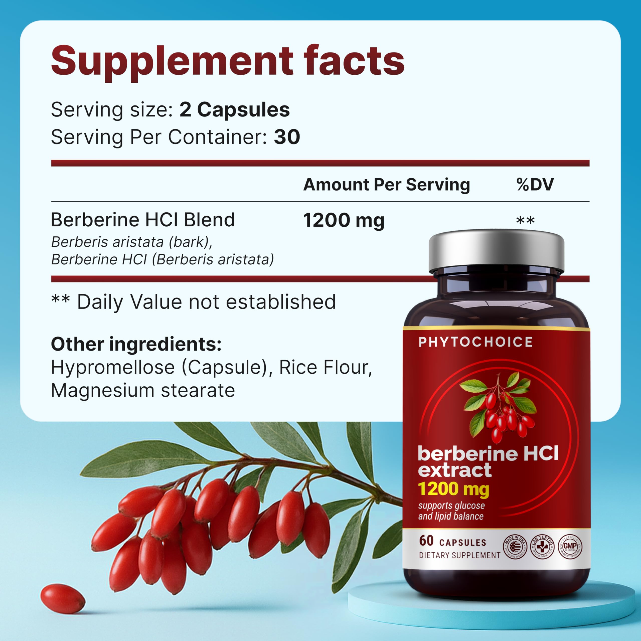 PHYTOCHOICE Berberine 1200mg - etiquette claire et purete9 assure9e.