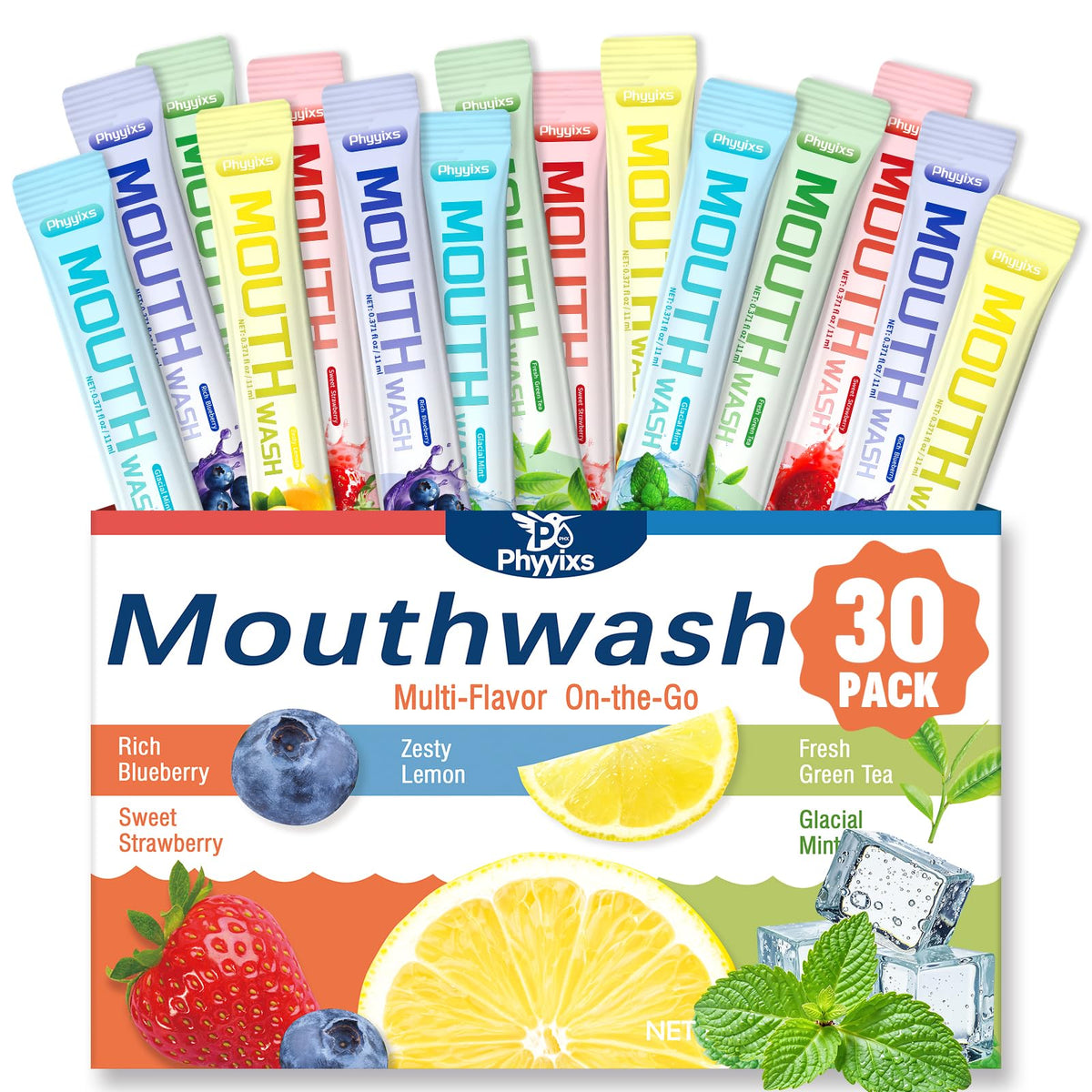 Phyyixs bain de bouche voyage: boîte pratique avec 30 paquets jetables pour l'hygiène nomade