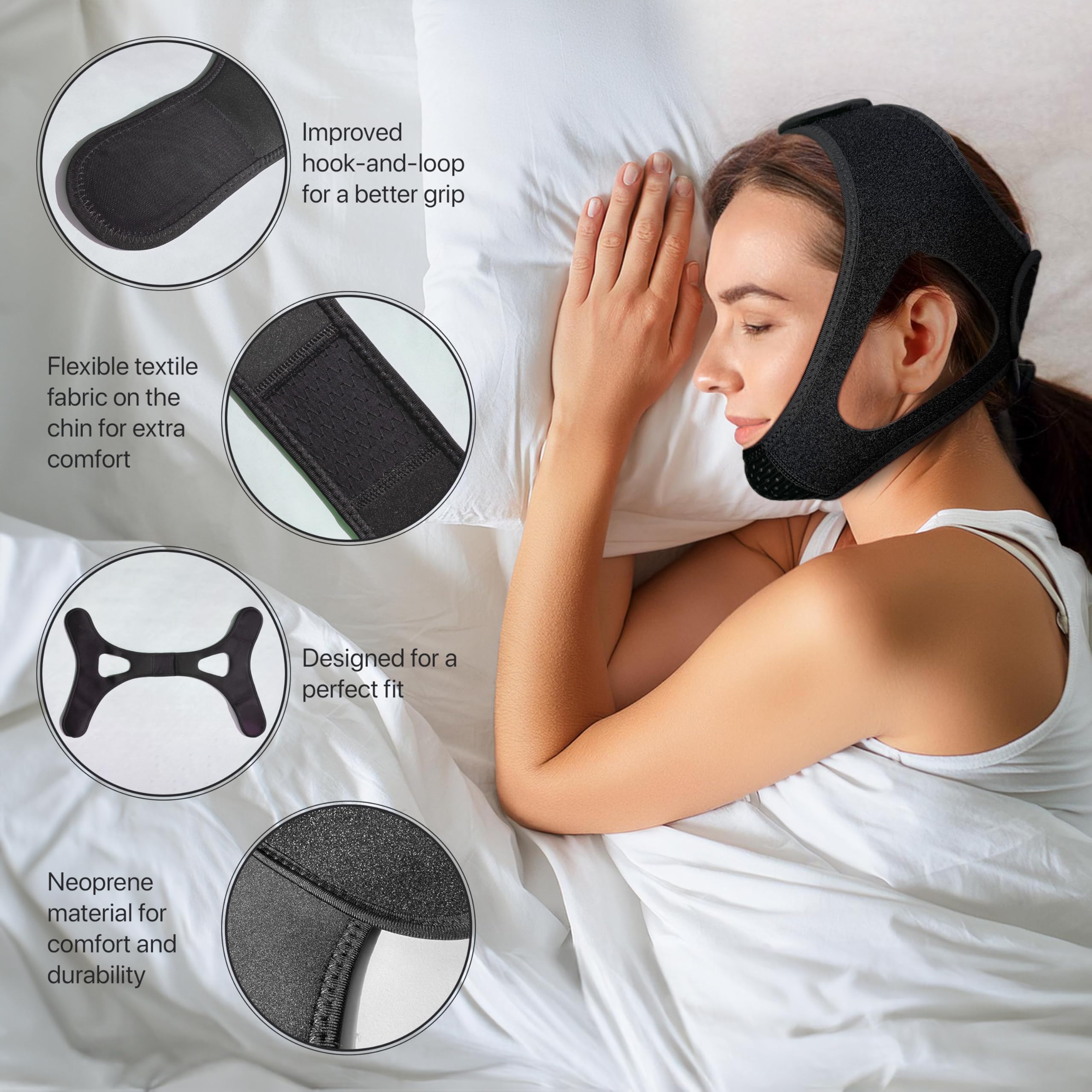 PIDOTI mentonnière : arrière des oreilles pour stabilité nocturne.