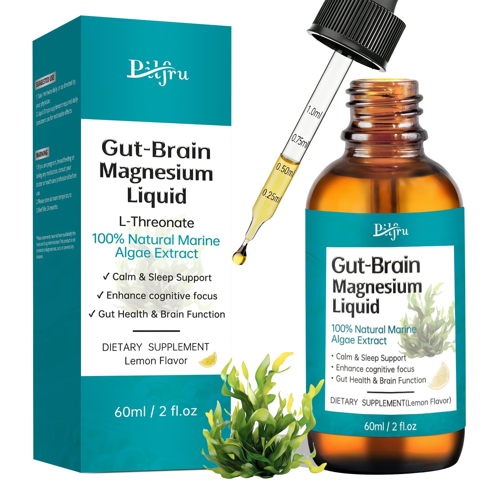 Pilfru gouttes magnésium L-Thréonate citron – flacon 60 ml pratique pour le dosage quotidien.