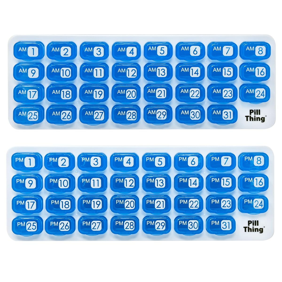 PILL THING AM-PM: organisateur bleu pour pilules du matin et du soir.