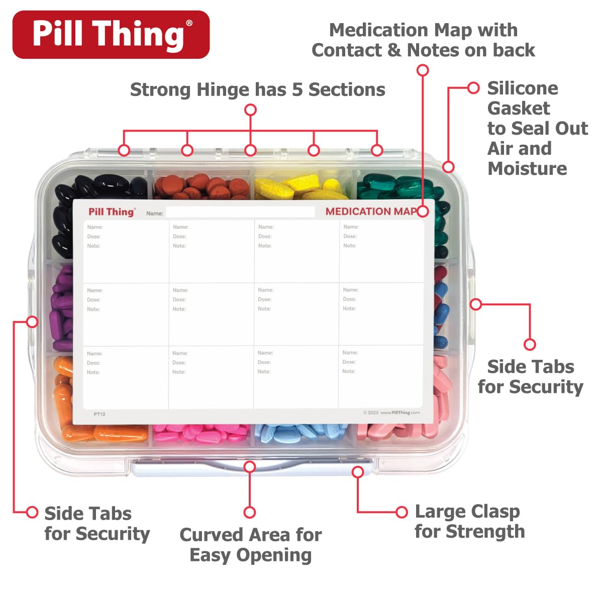 PILL THING compartiments arrondis facilitant le prélèvement.