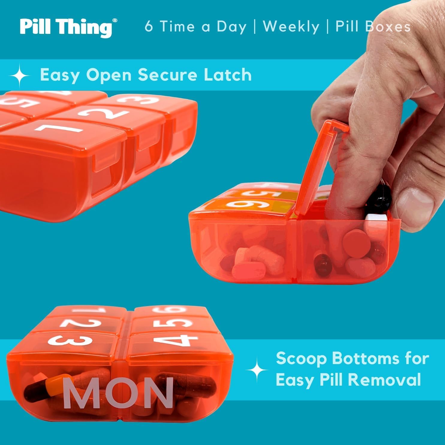 PILL THING: couvercles faciles à ouvrir, fermeture sécurisée.
