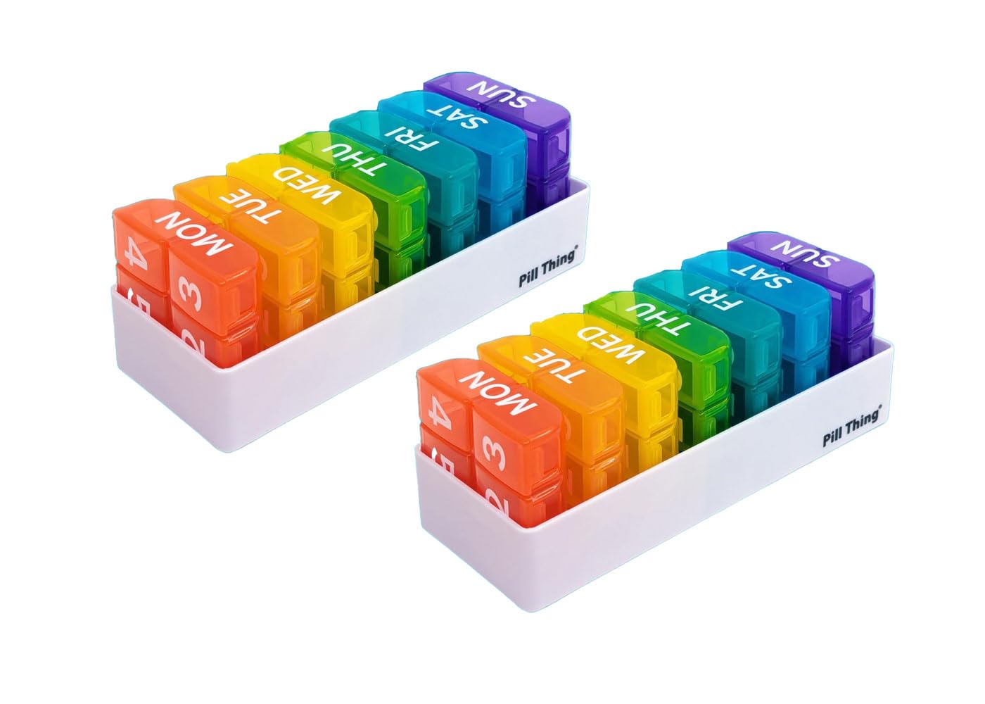 PILL THING: ensemble sept boîtes pilules multicolores, organisation hebdomadaire pratique.