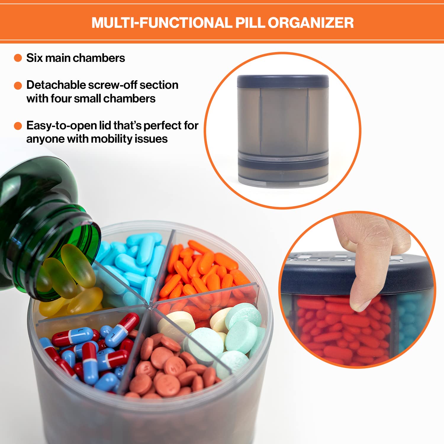 Pill Thing Monster Fit 10 — couvercle sécurisé et démontable pour mobilité réduite.