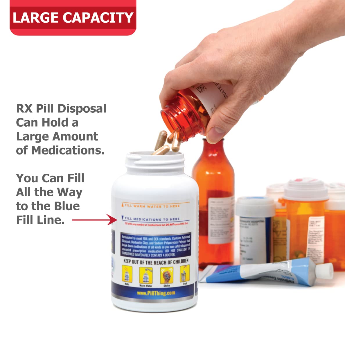 Détails RX Disposal montrant l’ouverture et les dimensions pour pilules.