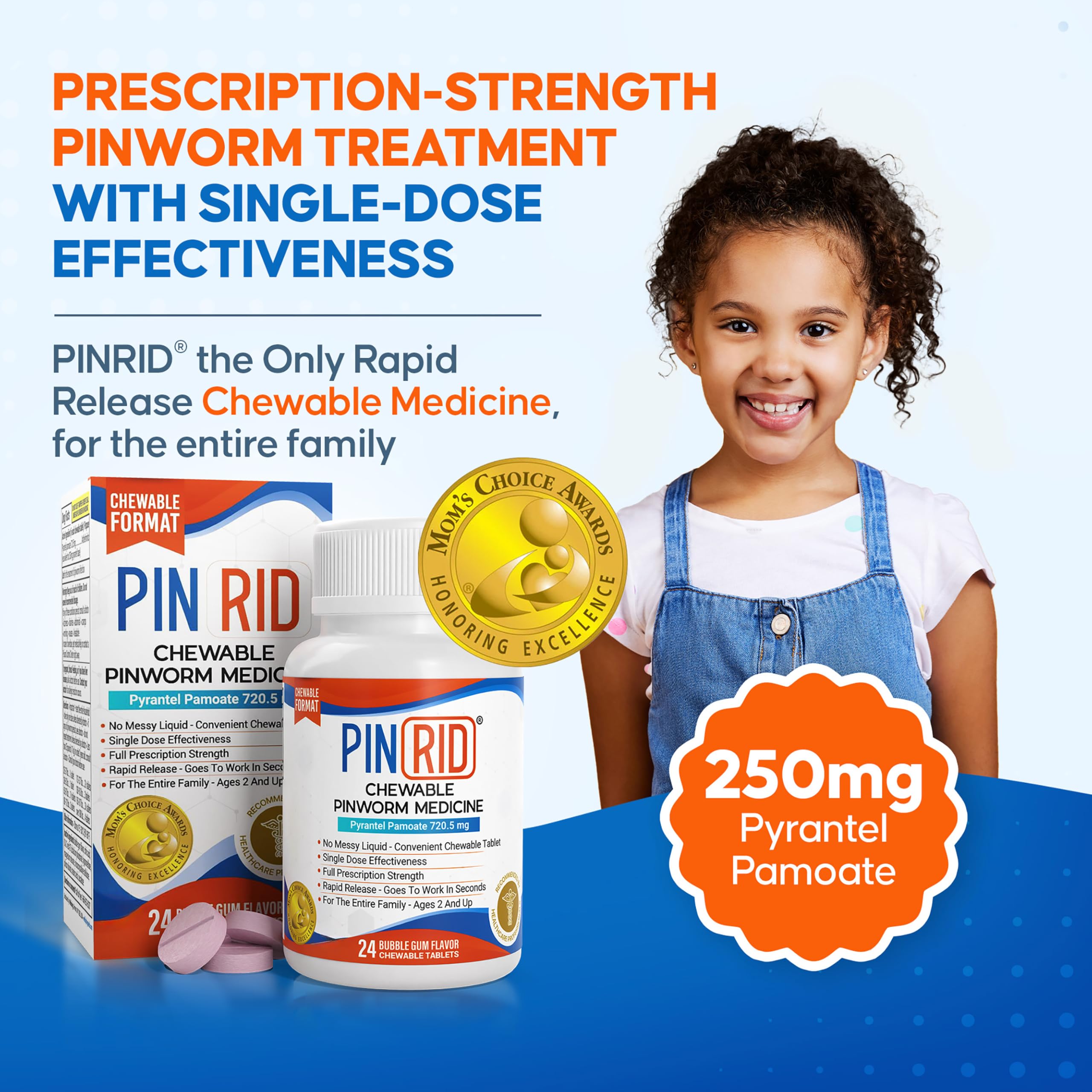 Pin Rid tablettes gomme, ingrédient actif Pyrantel Pamoate, dosage unique pour simplicite d'utilisation.