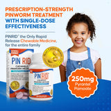 Pin Rid tablettes gomme, ingrédient actif Pyrantel Pamoate, dosage unique pour simplicite d'utilisation.
