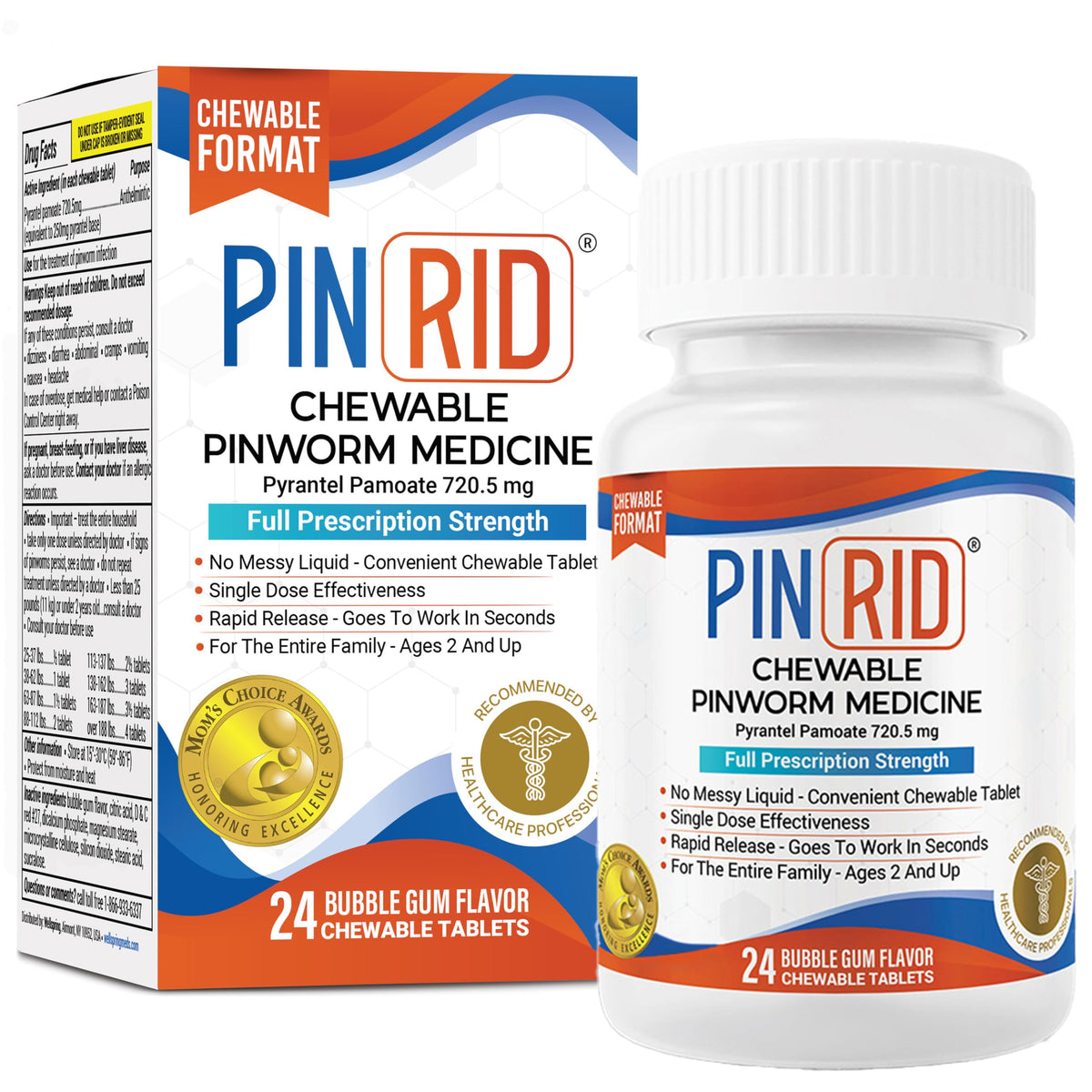 Pin Rid tablettes gomme saveur fruitee, administration aisee pour toute la famille.