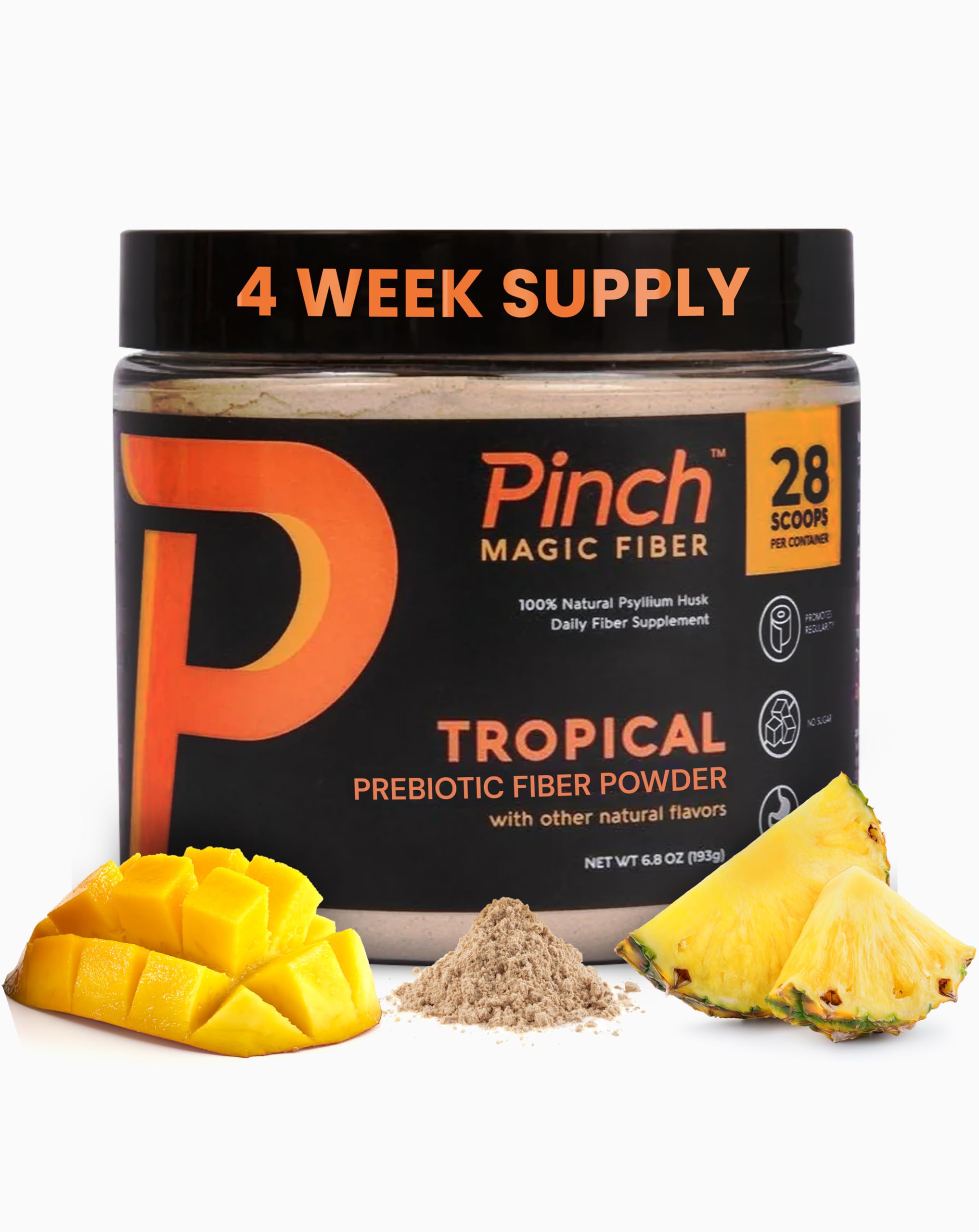Pinch Magic poudre fibre sans sucre tropicale, mélange facile pour le confort digestif quotidien.
