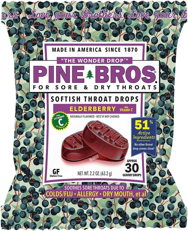 Pine Bros Drops au sureau dans une poche refermable, pratique au quotidien pour le confort de gorge.