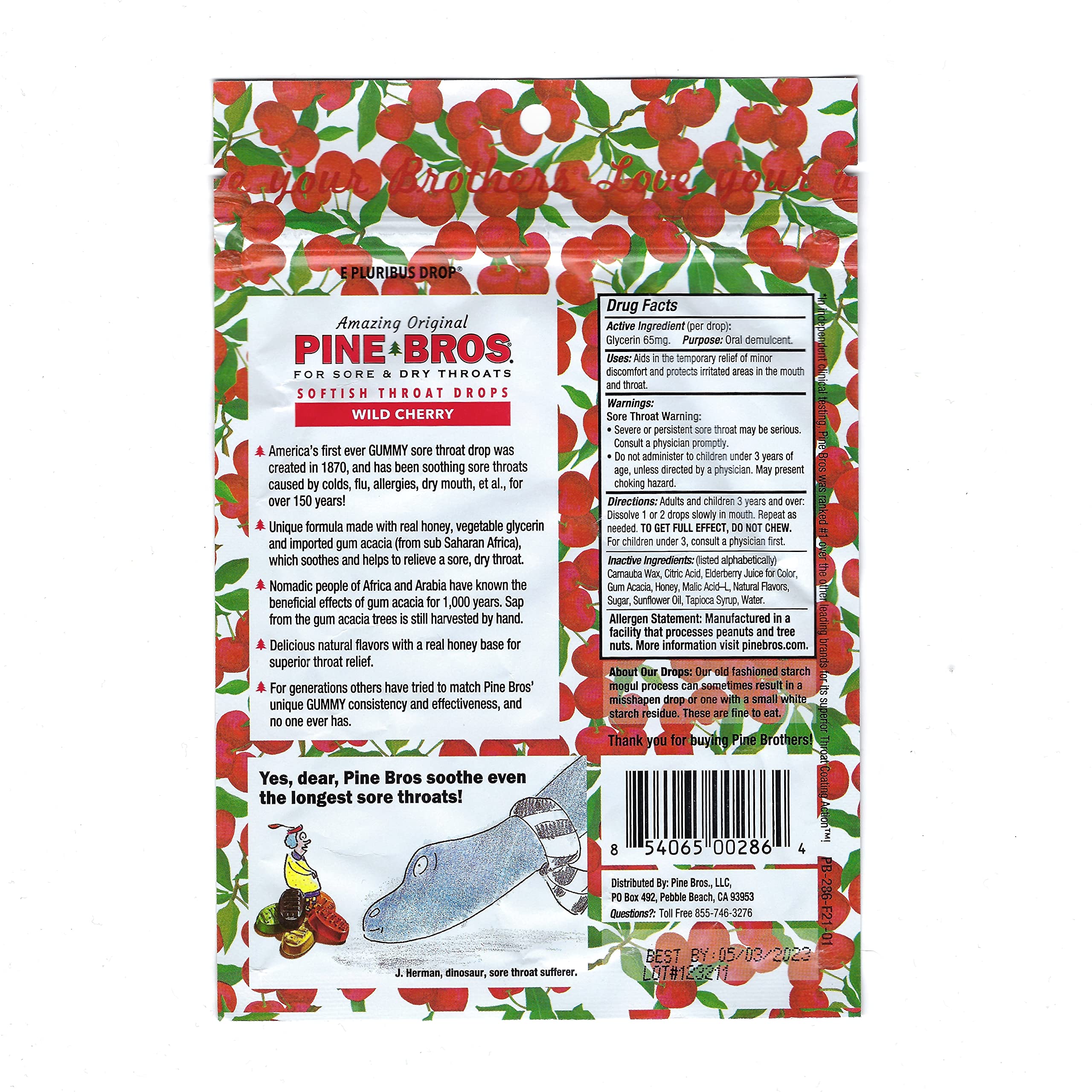 Gommes Pine Bros. cerise – emballage pratique pour emporter.