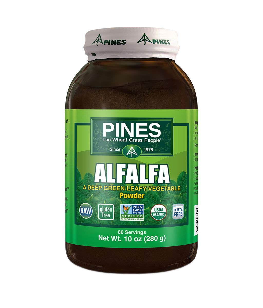 Pines Poudre d’alfalfa en bouteille, idéale pour smoothies riches en nutriments.